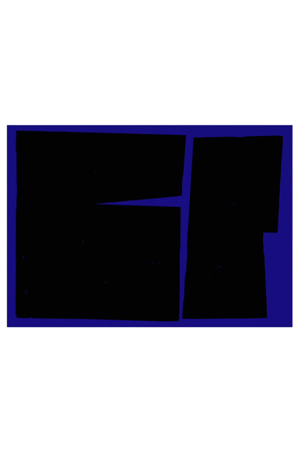 The Poster Club Blue Geometric 02, a bold abstract art print featuring graphic black geometric shapes with subtly textured edges against a vibrant royal blue background, framed in a light natural oak frame with white mat. Perfect as modern wall art for contemporary gallery walls and creative studio spaces.