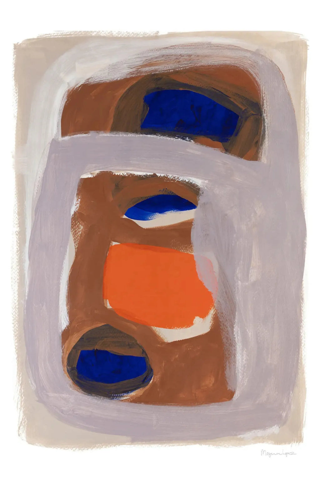 The Poster Club Outline, an abstract art print featuring bold organic shapes in rich brown, deep royal blue, and vibrant orange, accented with soft lavender and creamy white brushstrokes. This contemporary abstract poster showcases a painterly texture and a fluid, organic composition, adding depth and color to any space. Ideal as modern wall art for a minimalist living room, contemporary gallery wall, or a vibrant bedroom accent.