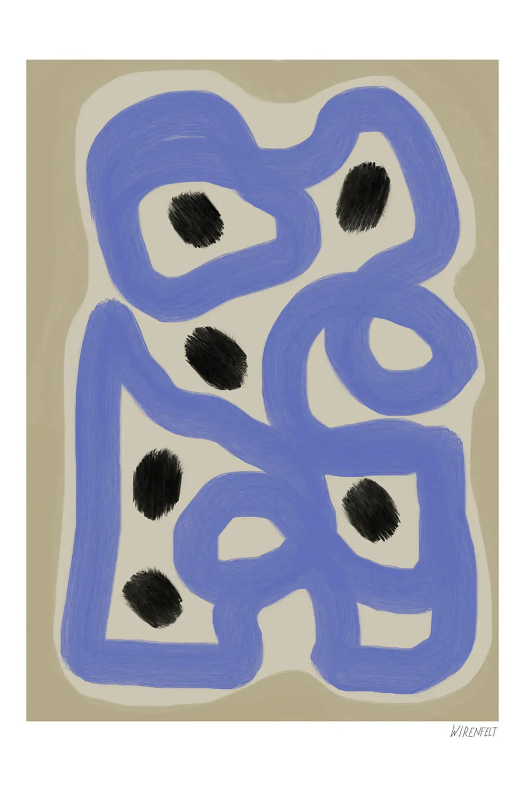 The Poster Club Signe, an abstract art print featuring bold periwinkle blue organic lines and textured black oval shapes against a warm beige background with a soft cream inner border. This contemporary design has a hand-painted brushstroke texture, creating an organic modern aesthetic. Ideal as striking wall art for a minimalist living room, modern bedroom, or a curated gallery wall.