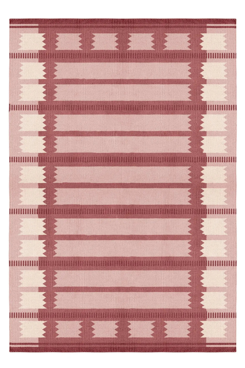 Layered Iris Wool Rug - Raspberry, a flatweave wool rug with a geometric pattern featuring varying shades of raspberry and light pink horizontal stripes and zigzag accents. Perfect for adding a mod...