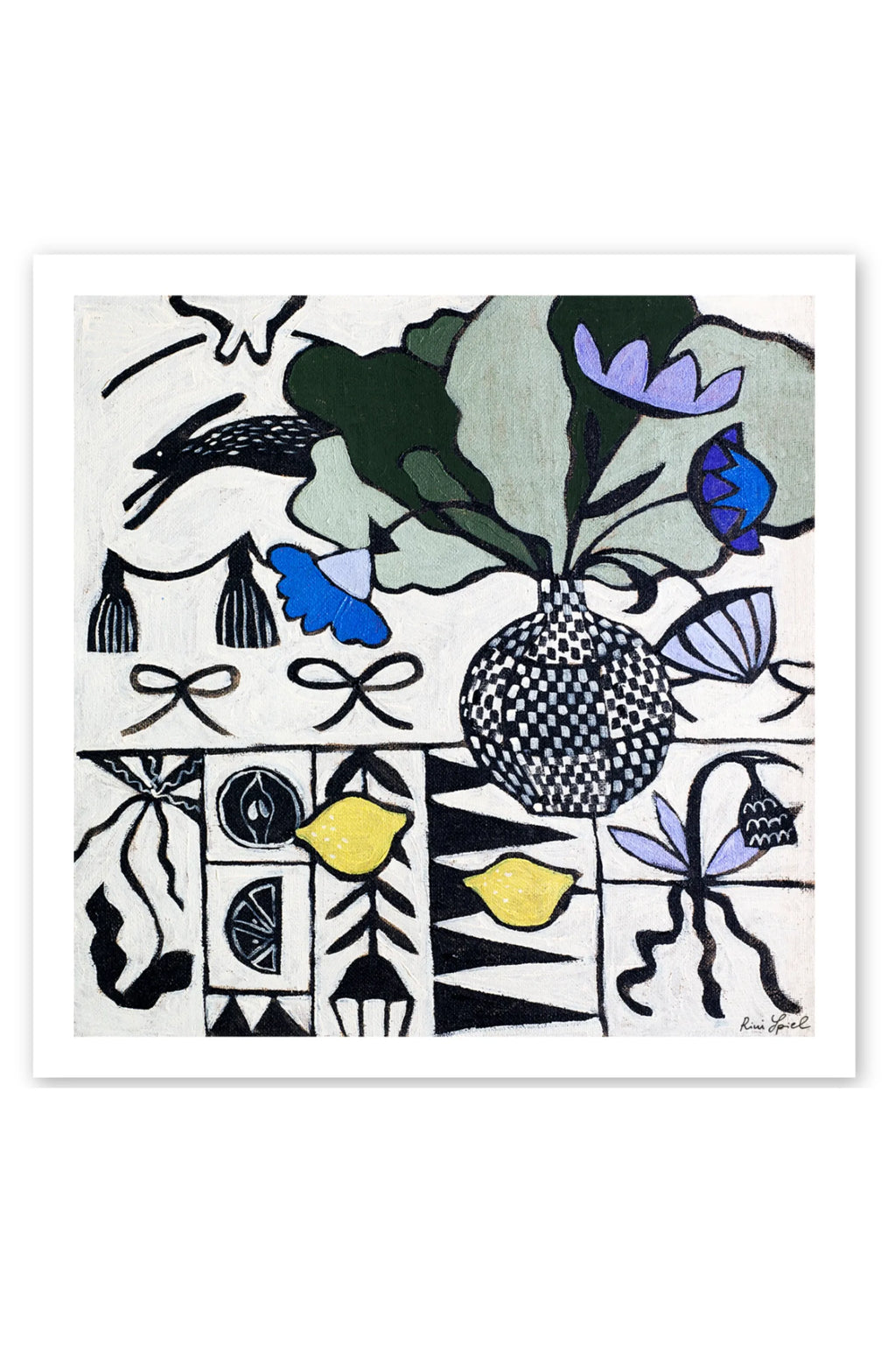 The Poster Club Lime, an abstract art print featuring a stylized still life composition with bright yellow lemons, deep green foliage, and purple and blue flowers in a black and white checkerboard vase,.