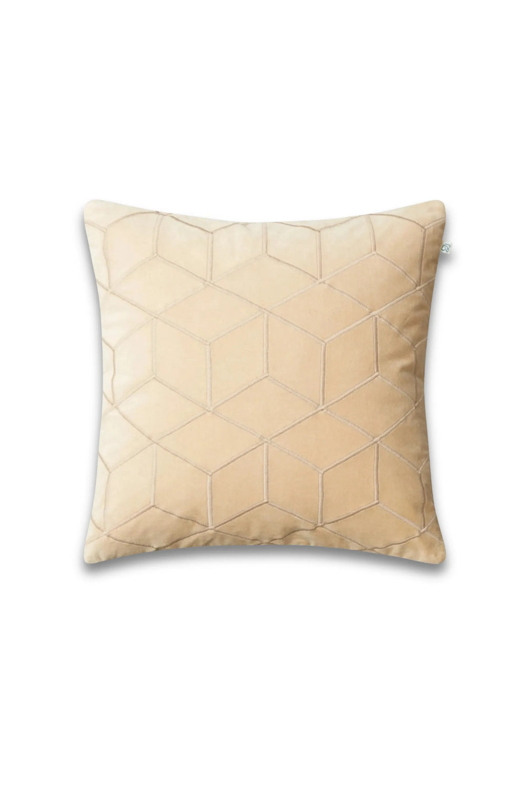 Chhatwal & Jonsson Vir Velvet Throw Pillow in a soft beige hue, featuring an intricate geometric cube pattern embroidered across its plush velvet surface, displayed on a white background.