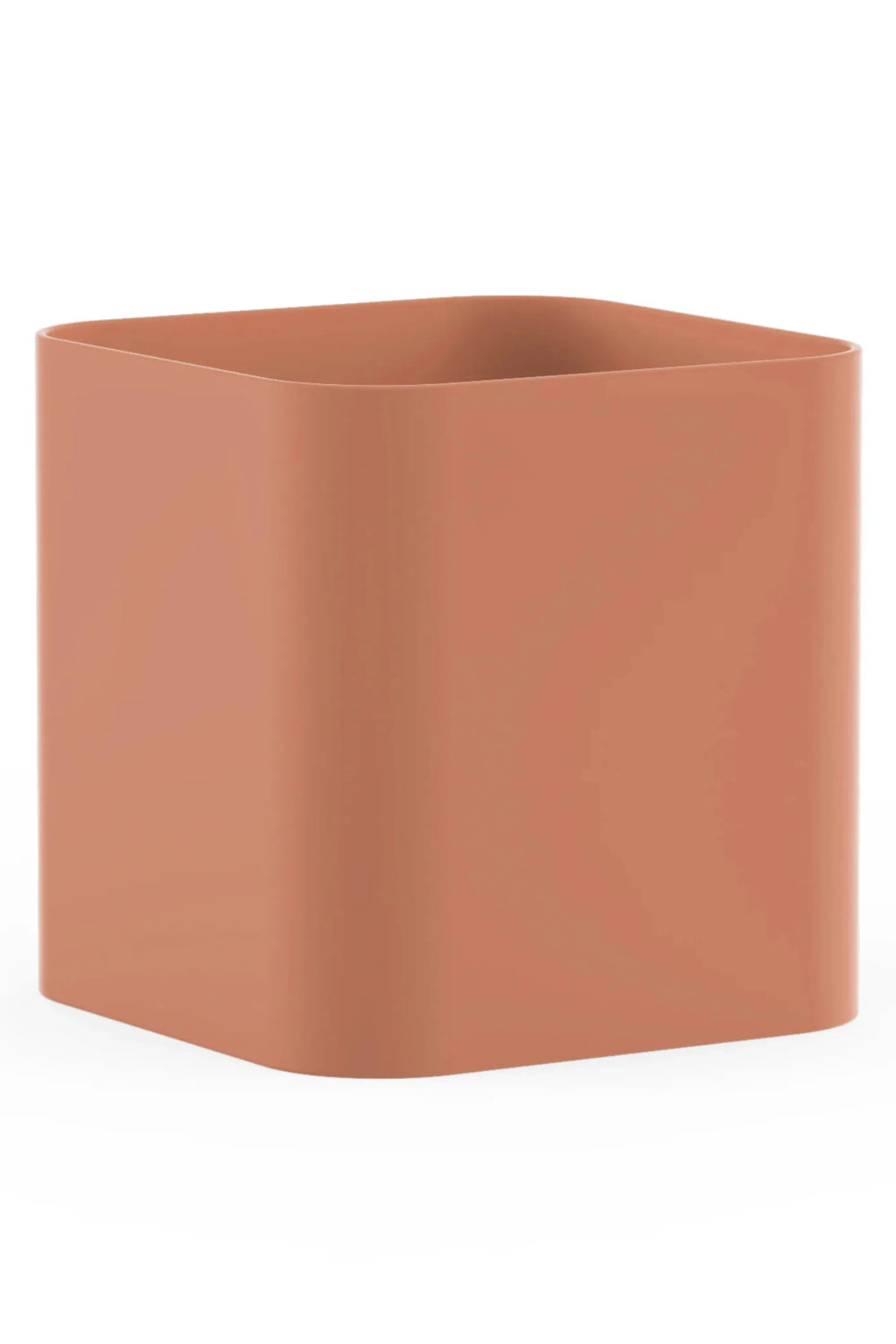Gandia Blasco Sonora Outdoor Planter 1, a tall square modern minimalist planter in a warm terracotta color with a smooth matte finish and gently rounded corners. Crafted from durable outdoor material, this contemporary planter is ideal for adding an earthy touch to modern patios, balconies, or garden landscapes.