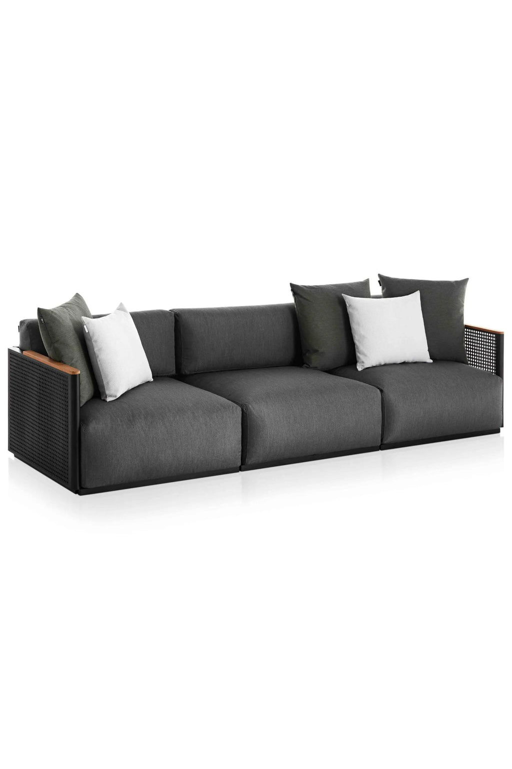 Gandia Blasco Bosc 3-Seater Sofa, a modern outdoor sectional sofa upholstered in durable dark grey outdoor fabric with a sleek black perforated aluminum frame and warm natural teak armrest accents.