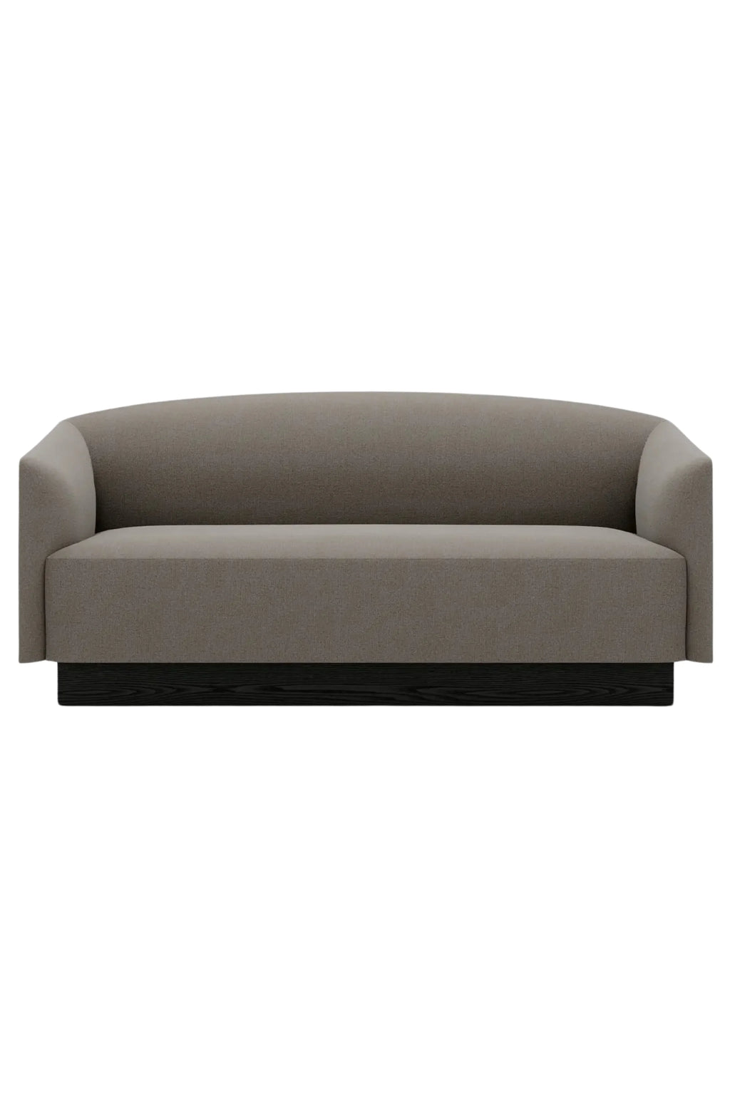New Works Shore Sofa 2-Seater - Plinth, a contemporary minimalist sofa featuring a soft, gently curved silhouette upholstered in a rich, textured taupe fabric. This elegant 2-seater sits atop a striking dark wood plinth base with visible grain, adding a grounding element to its organic modern design. Ideal for modern living rooms, apartment spaces, or sophisticated minimalist interiors.