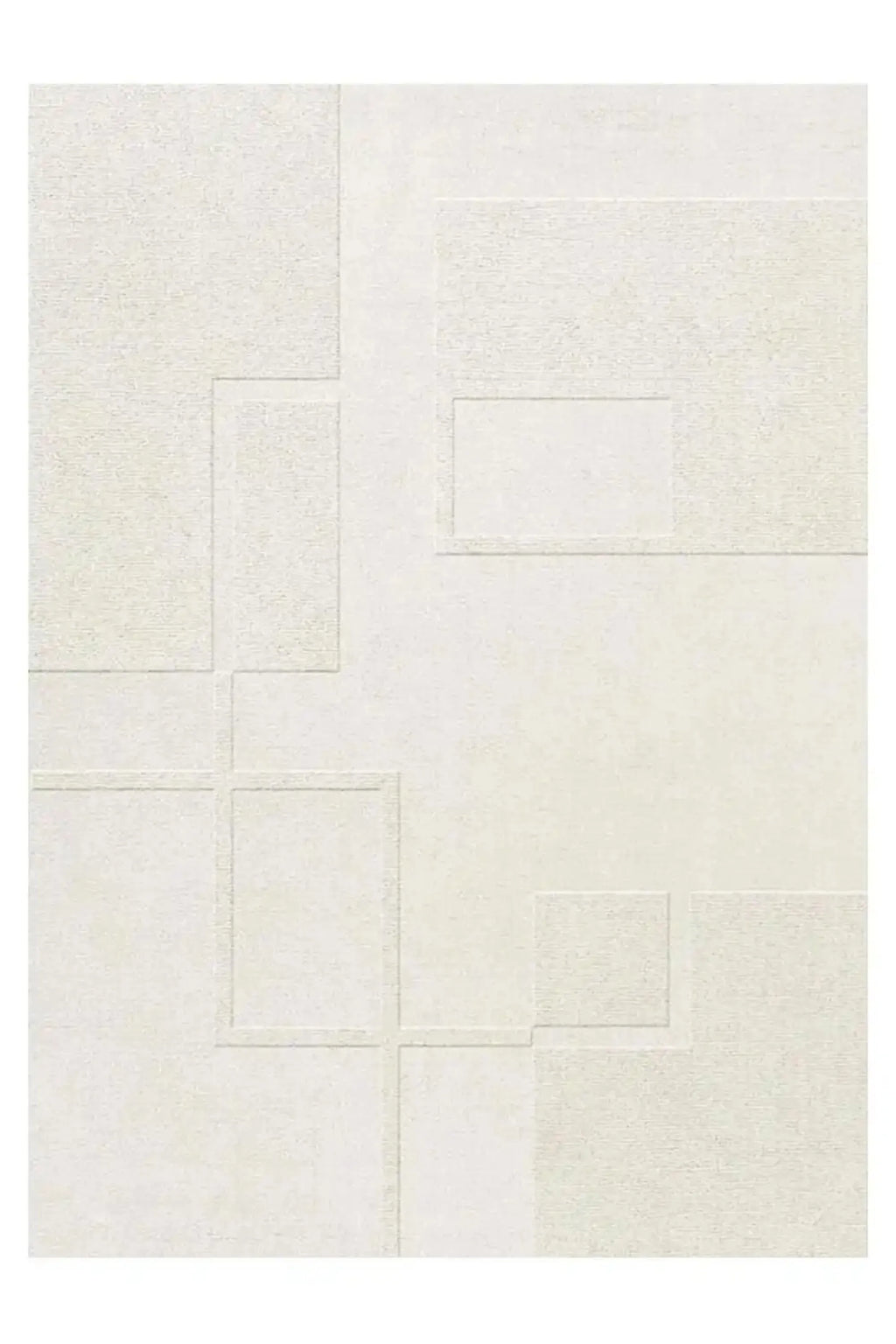 Layered Swedish Grace Wool Rug, a luxurious off-white wool area rug with a subtle geometric pattern created by various raised and recessed rectangular textures. Perfect for adding Scandinavian-insp...