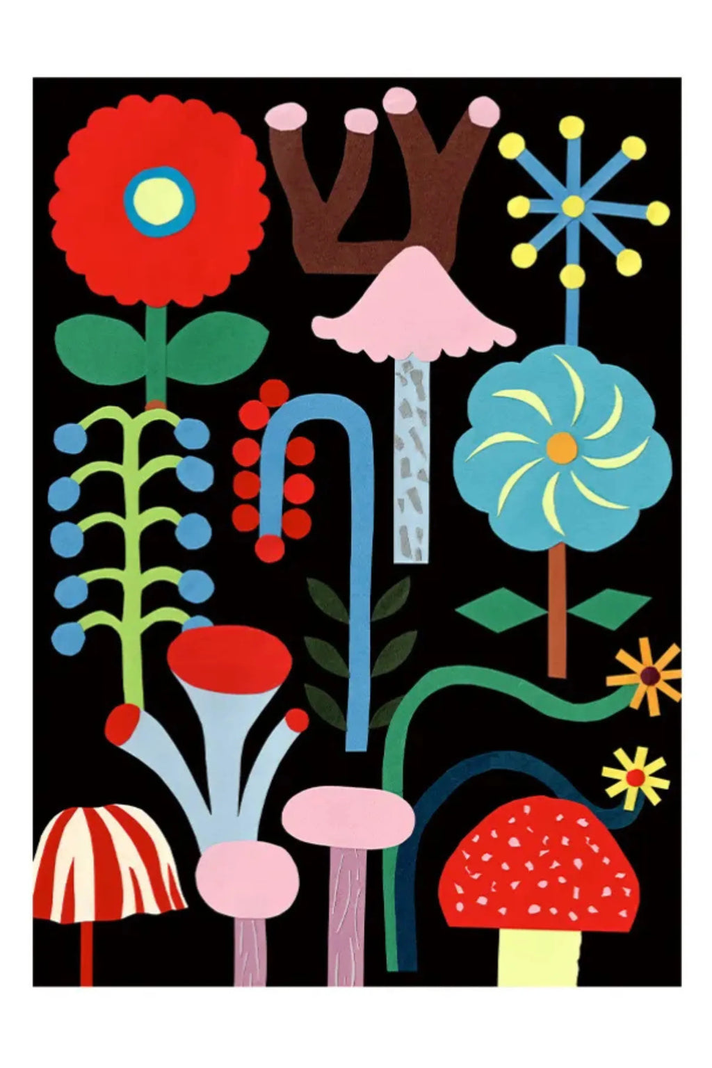 The Poster Club The Garden of the Night, a vibrant and whimsical folk art inspired poster featuring an abstract botanical collage on a deep black background. This colorful art print showcases playful red flowers, blue berries, pink mushrooms, and yellow starbursts in a mid-century modern graphic style. Perfect for adding a cheerful pop of color to a Scandinavian living room, nursery decor, or a contemporary gallery wall.