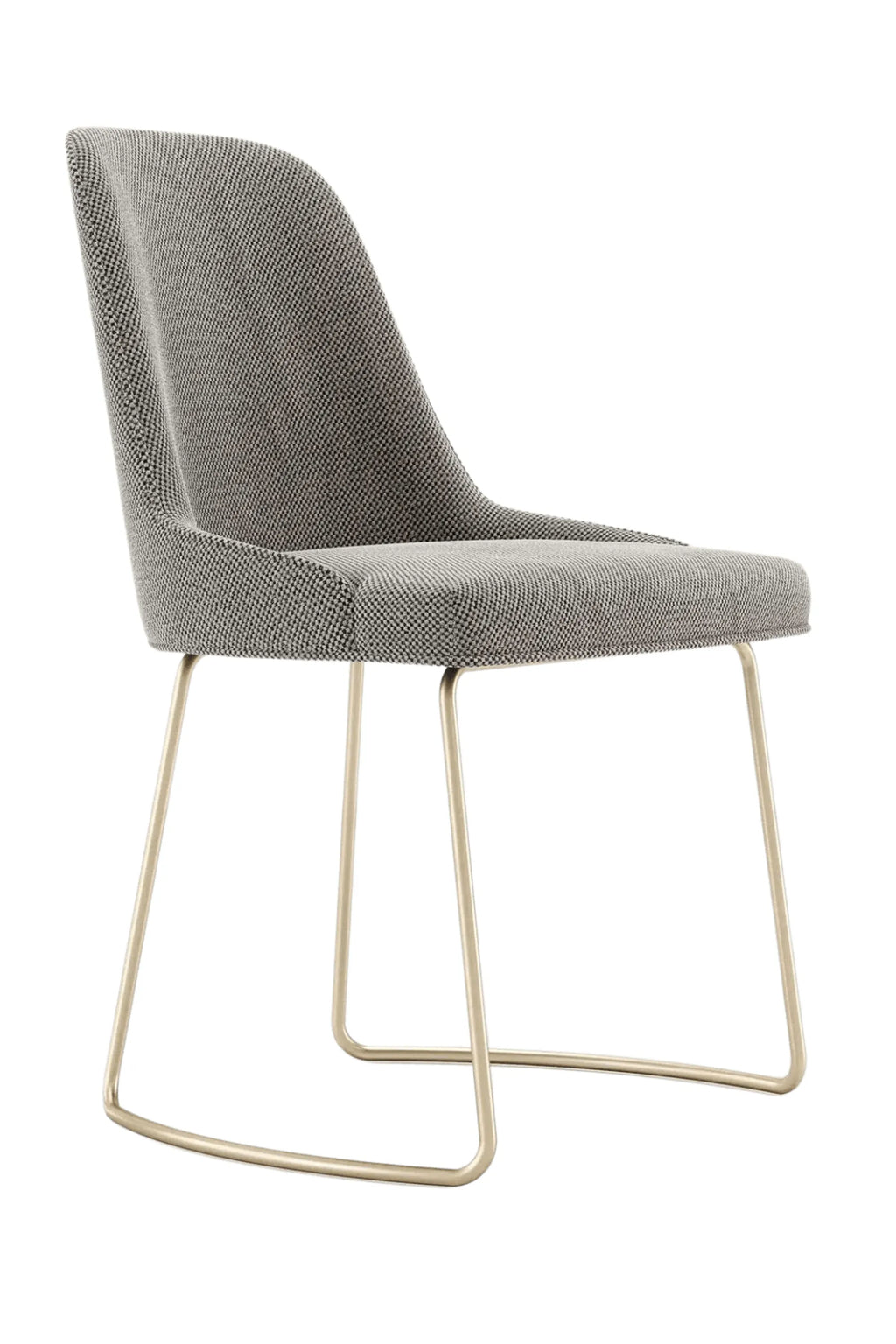 Domkapa Anna Chair - Metal, a contemporary dining chair featuring a gently curved, ergonomic silhouette upholstered in a speckled grey textured woven fabric. Its sleek design is supported by a continuous loop metal sled base with a sophisticated champagne gold finish. Perfect as a modern minimalist dining chair or stylish accent chair for a contemporary living room or home office.