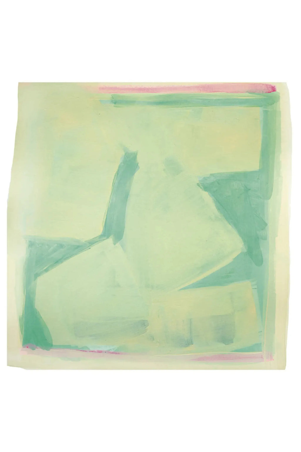 The Poster Club Carré, a minimalist abstract art print featuring soft, organic shapes in muted pale green, pale yellow, and soft teal tones with subtle pink brushstroke accents. This contemporary poster, with its gentle color palette and painterly texture, is perfect as modern wall art for Scandinavian living rooms or an organic modern bedroom.