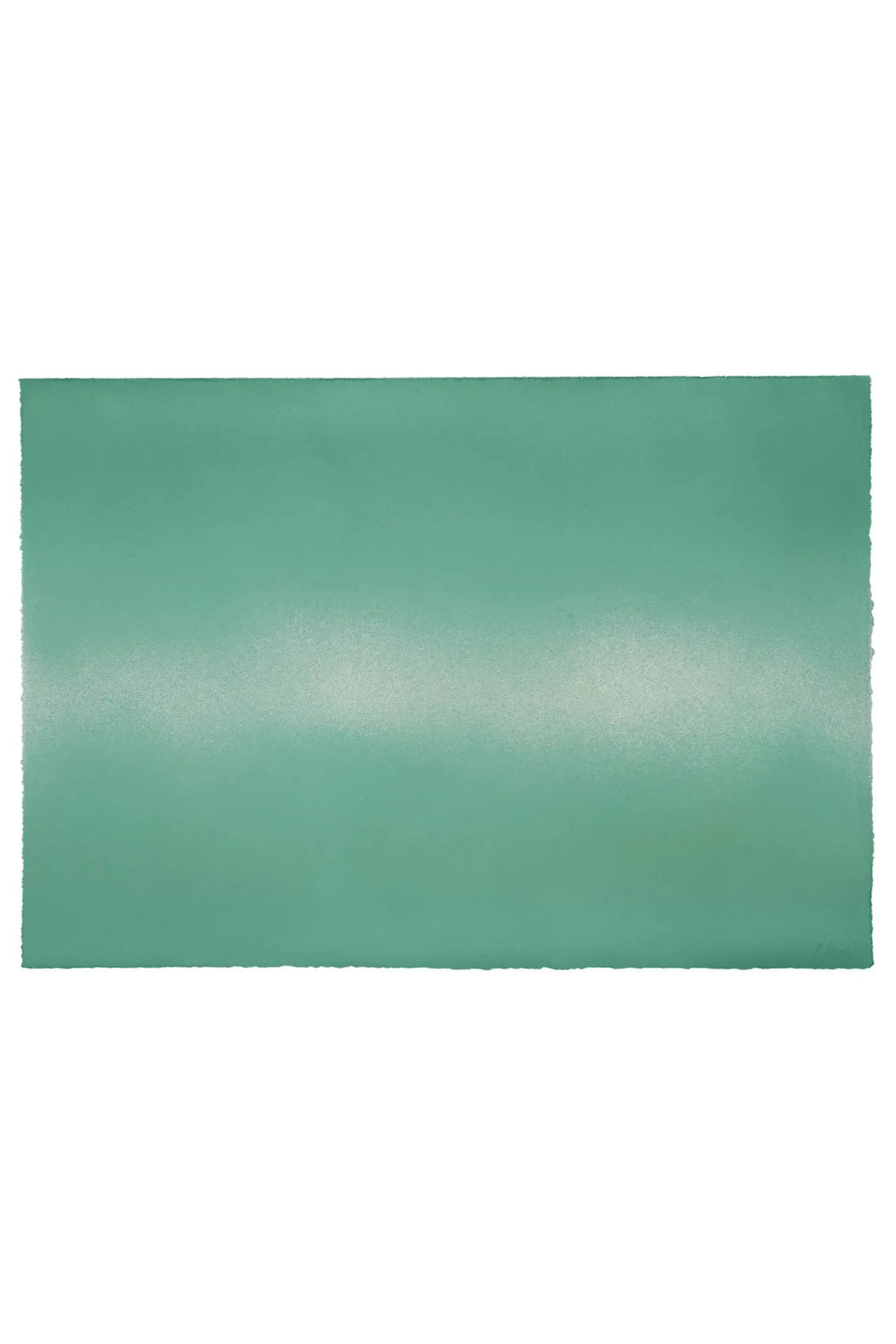 The Poster Club Green Interstellar, a minimalist abstract art print featuring a serene seafoam green hue with a subtle horizontal gradient and fine textured details, printed on high-quality paper with delicate deckled edges. This contemporary green wall art is perfect for modern living rooms, Scandinavian bedrooms, or adding organic modern style to gallery walls.