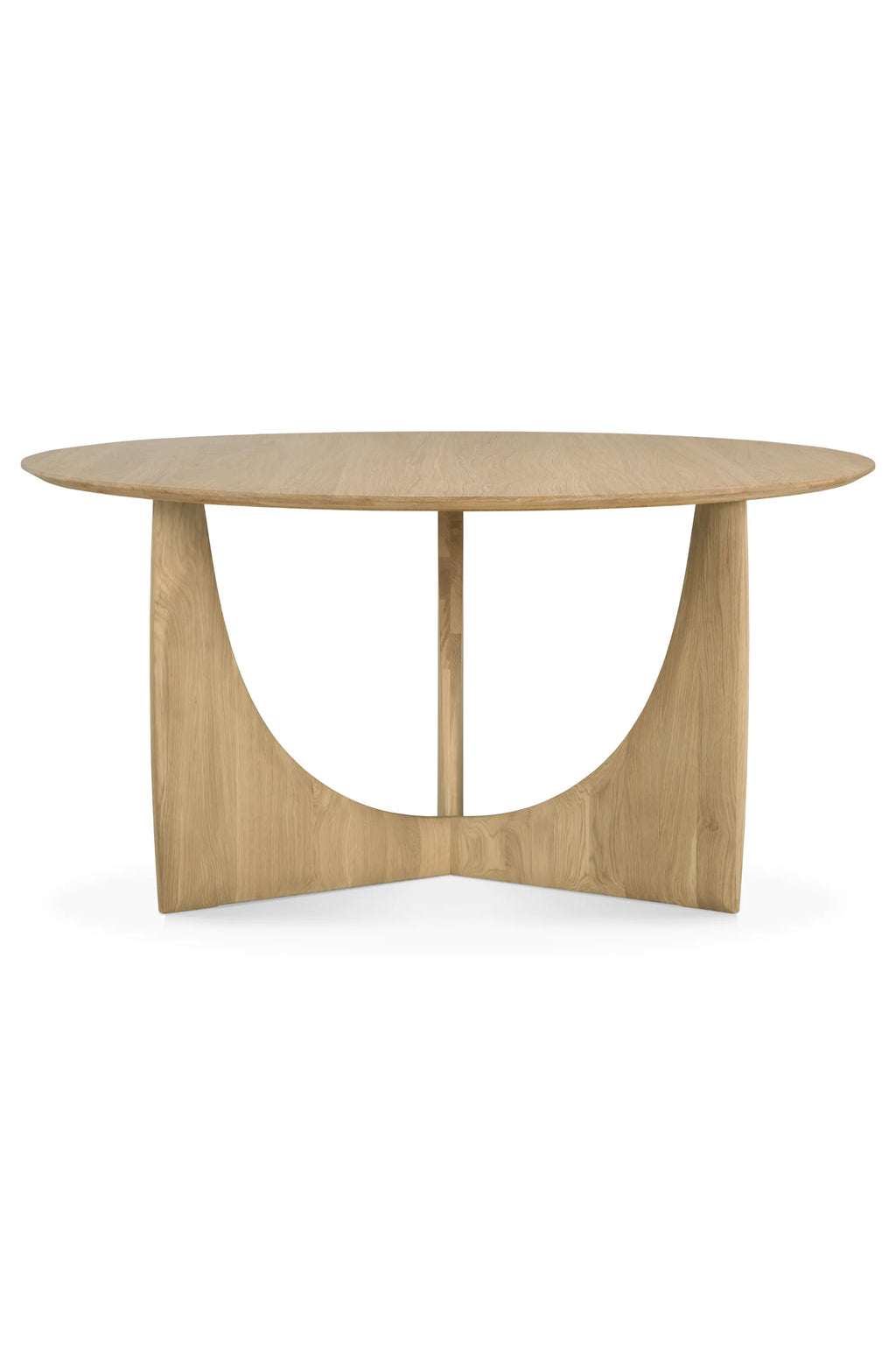 Ethnicraft Geometric Round Dining Table, a modern minimalist dining table crafted from solid light oak with a smooth round tabletop and a distinctive sculptural, geometric base. This contemporary natural wood dining table features visible wood grain and an organic modern design. It's an ideal statement piece for a Scandinavian dining room or elegant contemporary kitchen space.