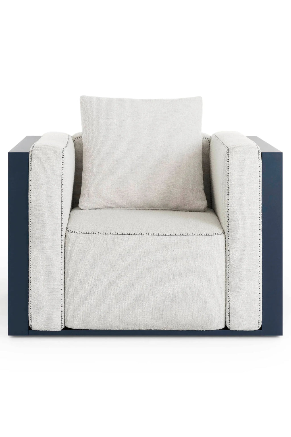 Gandia Blasco Islablanca Outdoor Lounge Chair, a modern minimalist outdoor armchair featuring a robust navy blue powder-coated aluminum frame with plush light grey textured outdoor fabric upholstery and distinctive dark contrast stitching. This contemporary outdoor furniture piece offers deep seating for luxurious relaxation on patios, decks, or poolside.