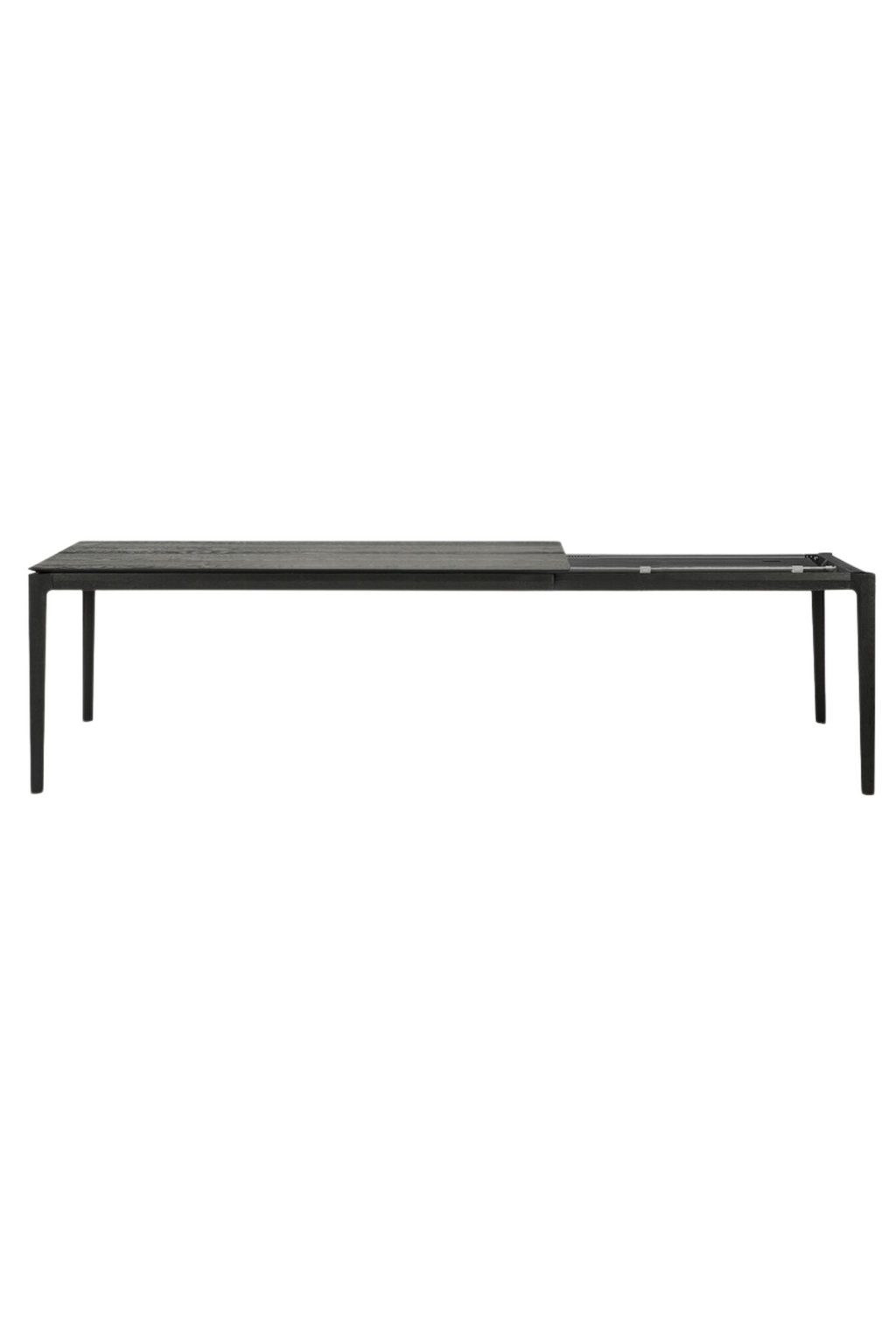 Ethnicraft Bok Extendable Dining Table, a modern minimalist dining table crafted from dark black-stained solid oak with a visible wood grain and a sleek rectangular silhouette. Its clever extendable design features a hidden butterfly leaf mechanism, allowing it to effortlessly expand for larger gatherings. Ideal as a contemporary solid oak dining table for Scandinavian or modern dining rooms.