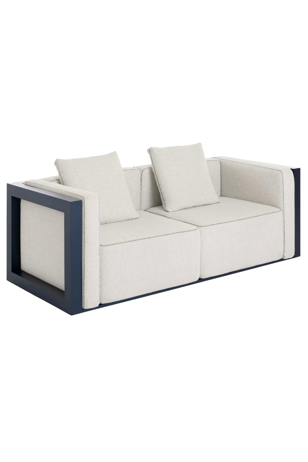 Gandia Blasco Islablanca Outdoor 2 Seat Sofa, a modern 2-seater outdoor sofa featuring a striking dark blue powder-coated aluminum frame with a minimalist open-box design. It is upholstered in light beige outdoor fabric with a subtle texture and contrasting dark stitching, offering plush seating and two matching toss pillows. This contemporary outdoor couch is perfect for luxurious patio furniture, modern garden spaces, or a chic balcony lounge area.