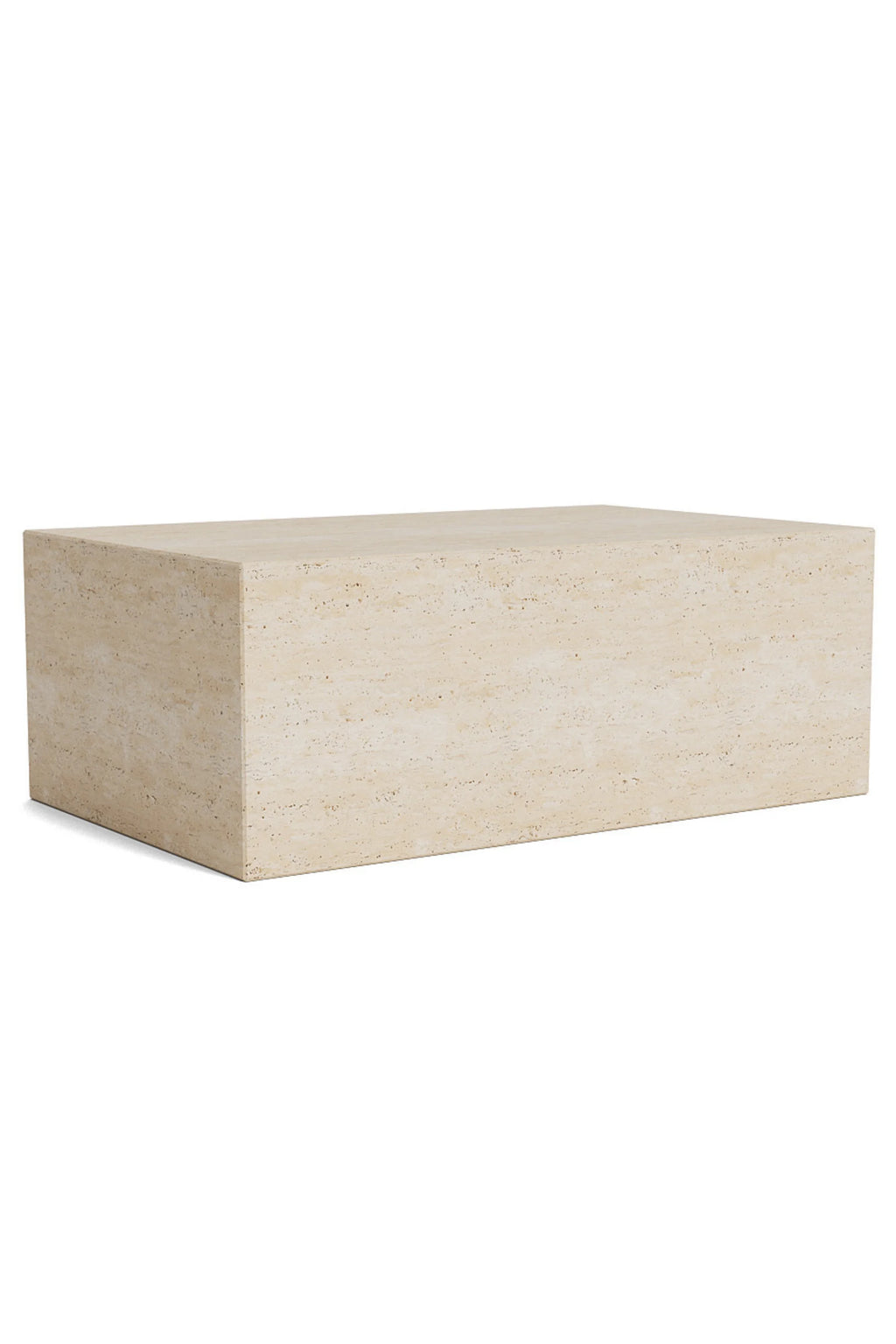NORR11 Cubism Coffee Table, a rectangular modern minimalist coffee table crafted from solid natural travertine stone. It features a beautiful beige and cream color palette with a distinct porous texture and clean, block-like silhouette, embodying a brutalist design aesthetic. This contemporary travertine coffee table is ideal for organic modern living rooms and sophisticated minimalist spaces.
