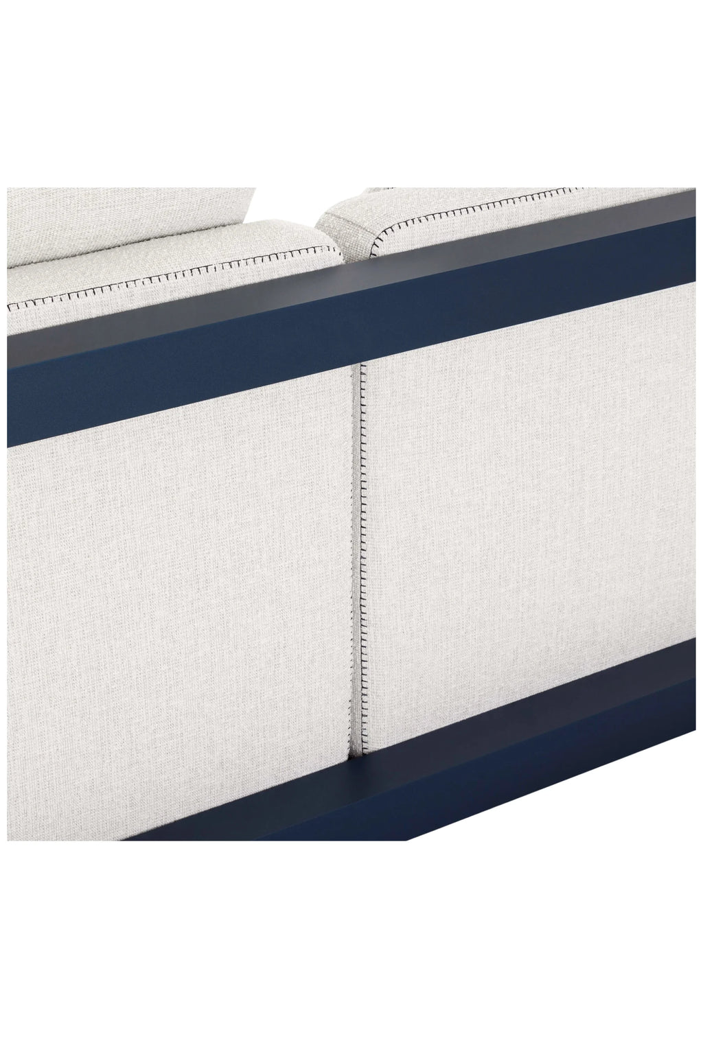 Gandia Blasco Islablanca Outdoor Sofa - Sectional 4, a modern outdoor sectional featuring a sleek matte navy blue metal frame and plush cushions upholstered in durable off-white woven outdoor fabric with contrasting black stitching. This contemporary outdoor sofa is perfect for creating a stylish and comfortable outdoor living room or minimalist patio lounge area.