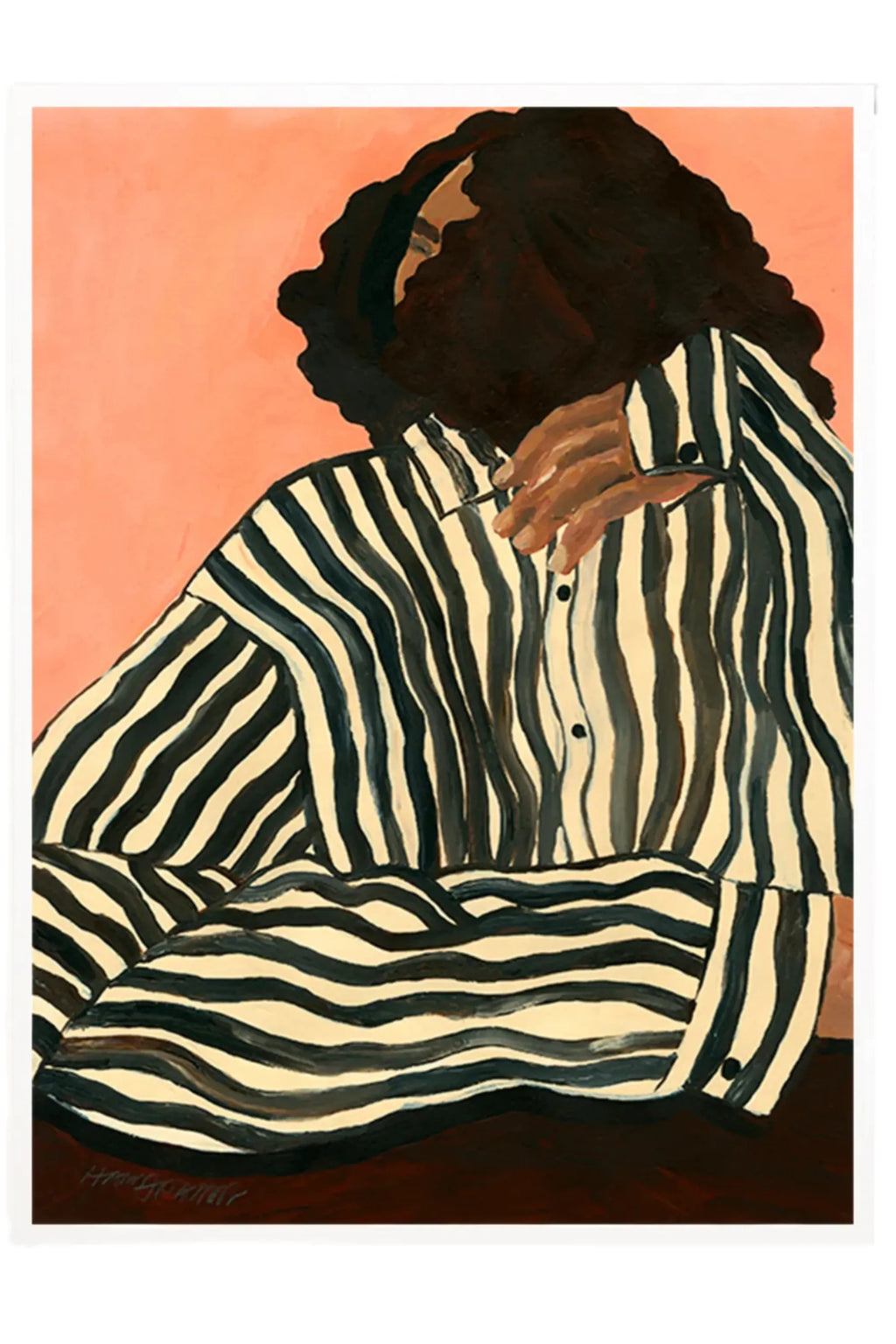 The Poster Club Serene Stripes, an expressive art print featuring a stylized abstract figure of a woman with dark hair and skin, wearing a bold black and cream-striped shirt, set against a warm peach-toned background. The contemporary illustration style uses visible brushstrokes for a painterly texture, creating a modern and artistic feel. Ideal as striking wall art for a modern living room, bedroom, or a curated gallery wall.