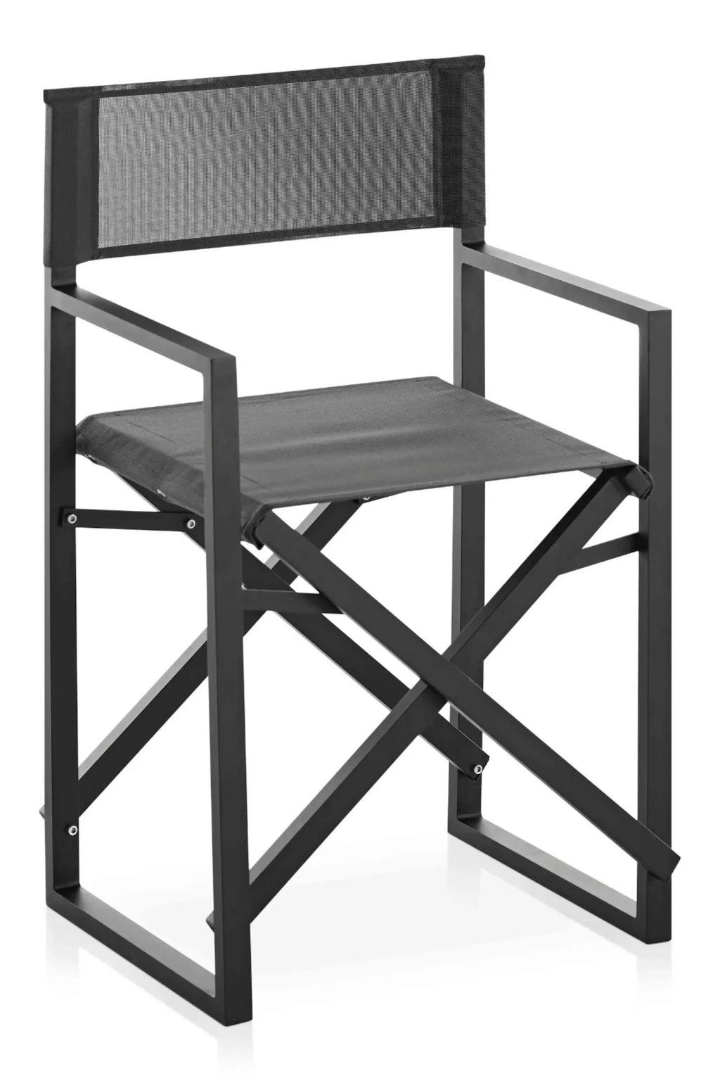 Gandia Blasco Clack! Outdoor Folding Chair, a sleek modern minimalist folding chair featuring a durable matte black aluminum frame with a comfortable black mesh backrest and a sturdy dark grey outdoor fabric seat. Its industrial chic design and compact, space-saving fold make it ideal as a contemporary outdoor chair for patios, balconies, or modern garden spaces.
