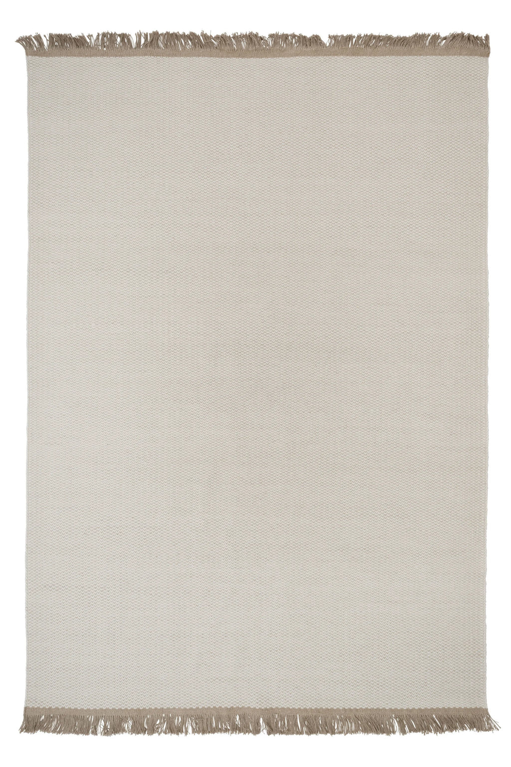 Linie Design Pastoral Unity Wool Rug, a premium hand-woven natural wool area rug in a soft cream and off-white hue with a subtle, tightly textured weave. It features a distinctive natural beige fringed border along two edges, adding an organic modern and tactile element.