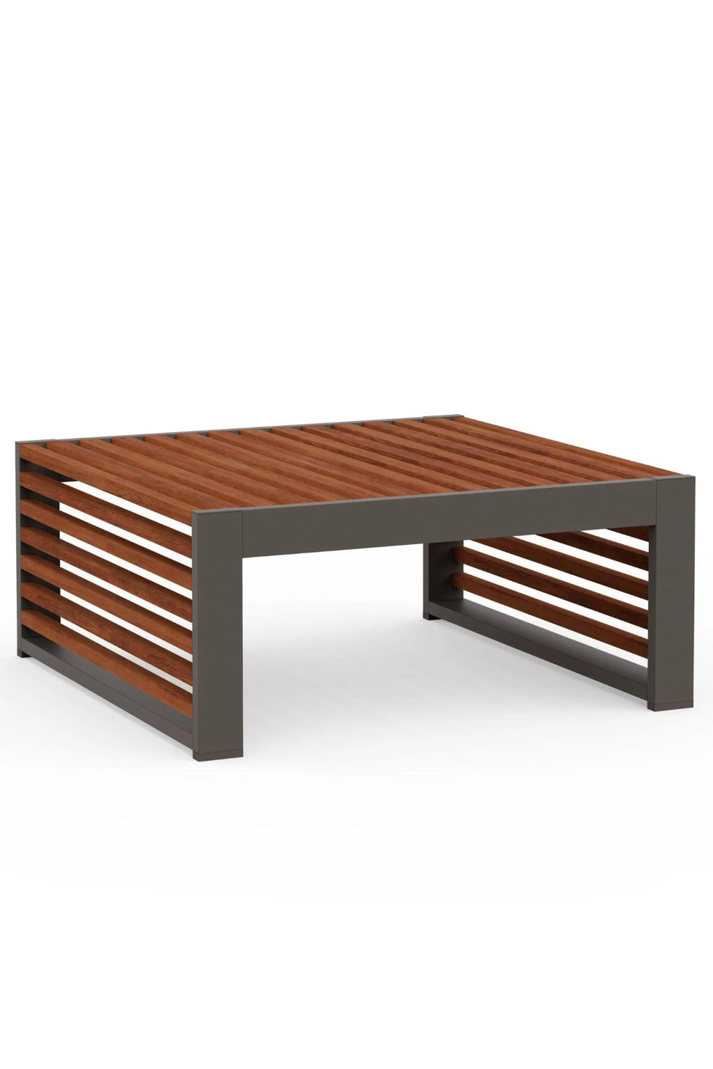 Gandia Blasco DNA Teak Side Table, a modern minimalist outdoor table featuring a low rectangular profile with warm brown slatted teak wood top and side panels, encased in a sleek matte dark grey aluminum frame. This contemporary patio furniture piece is perfect for outdoor living spaces, decks, or garden areas.