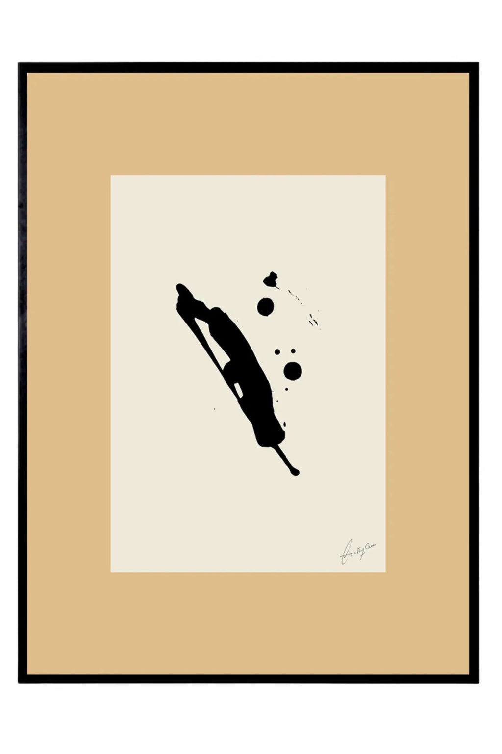 The Poster Club Imagine, a minimalist abstract art print showcasing a bold black ink splash and scattered dots on a warm off-white background, presented within a wide tan mat and a classic black frame.