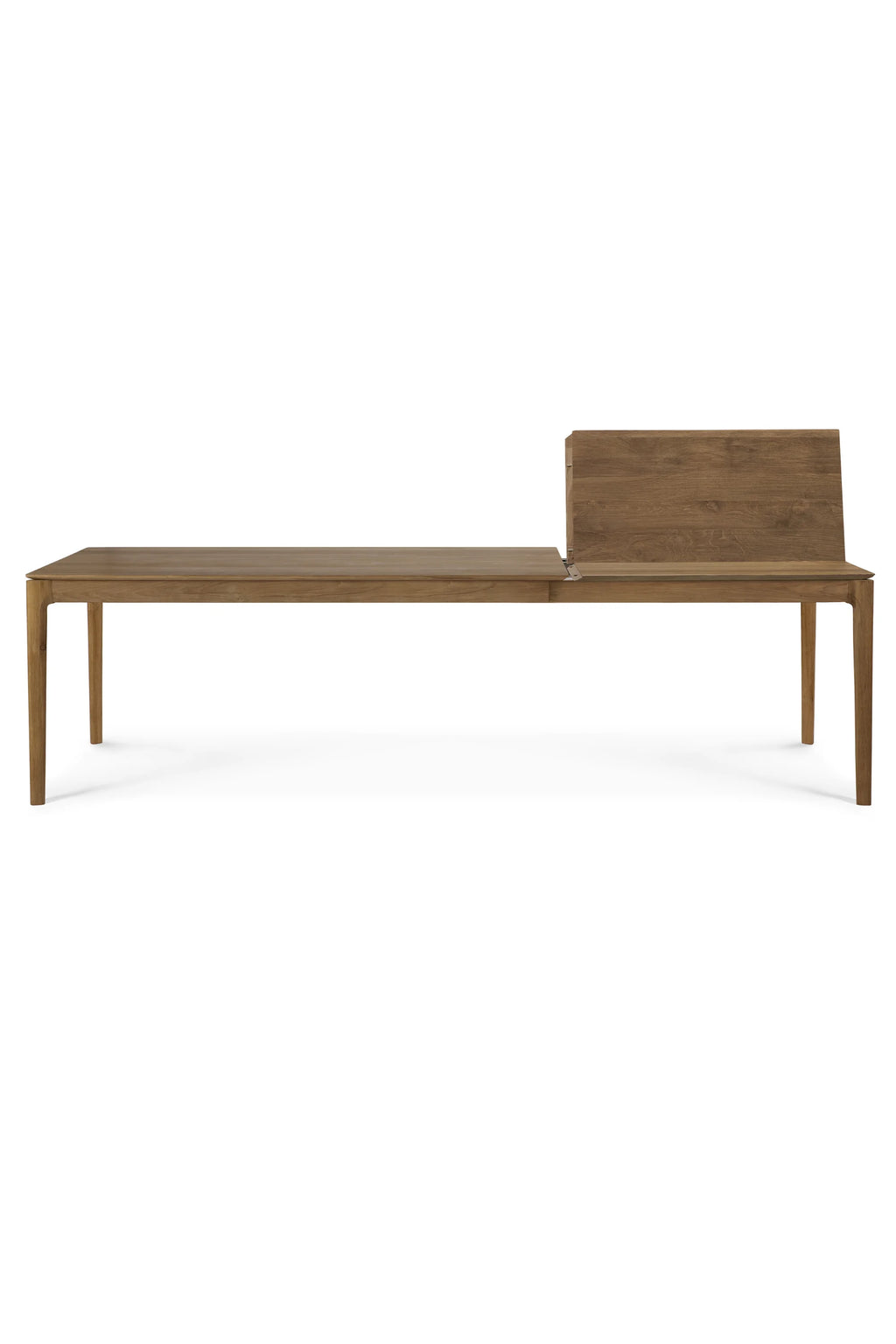 Ethnicraft Bok Extendable Dining Table, a modern minimalist dining table crafted from solid oak with a warm natural wood finish, featuring a sleek rectangular top, clean lines, and sturdy tapered legs. Its innovative extendable design allows for versatile seating, perfect for contemporary dining rooms, Scandinavian interiors, or large family gatherings.