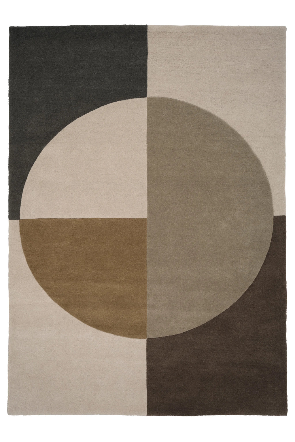 Linie Design Radiality Wool Rug, a modern abstract area rug featuring a striking geometric circular pattern in a sophisticated multi-color palette of light beige, warm brown, dark charcoal grey, and muted olive green. This hand-tufted, rectangular wool rug offers a plush, soft pile texture, adding contemporary style and comfort. It's an ideal floor covering for a minimalist living room, Scandinavian bedroom, or modern home office.