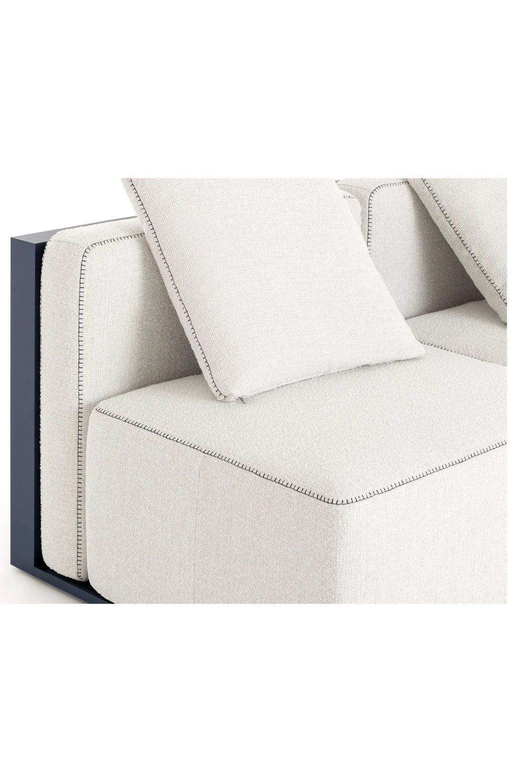 Gandia Blasco Islablanca Outdoor Sofa - Sectional 4, a modern modular outdoor sofa featuring plush cream-colored textured outdoor fabric cushions with distinctive dark contrasting stitching. It has a sleek dark blue matte metal frame, offering a contemporary and minimalist design. Ideal for stylish outdoor living rooms, patios, or terraces, providing comfortable weather-resistant seating.
