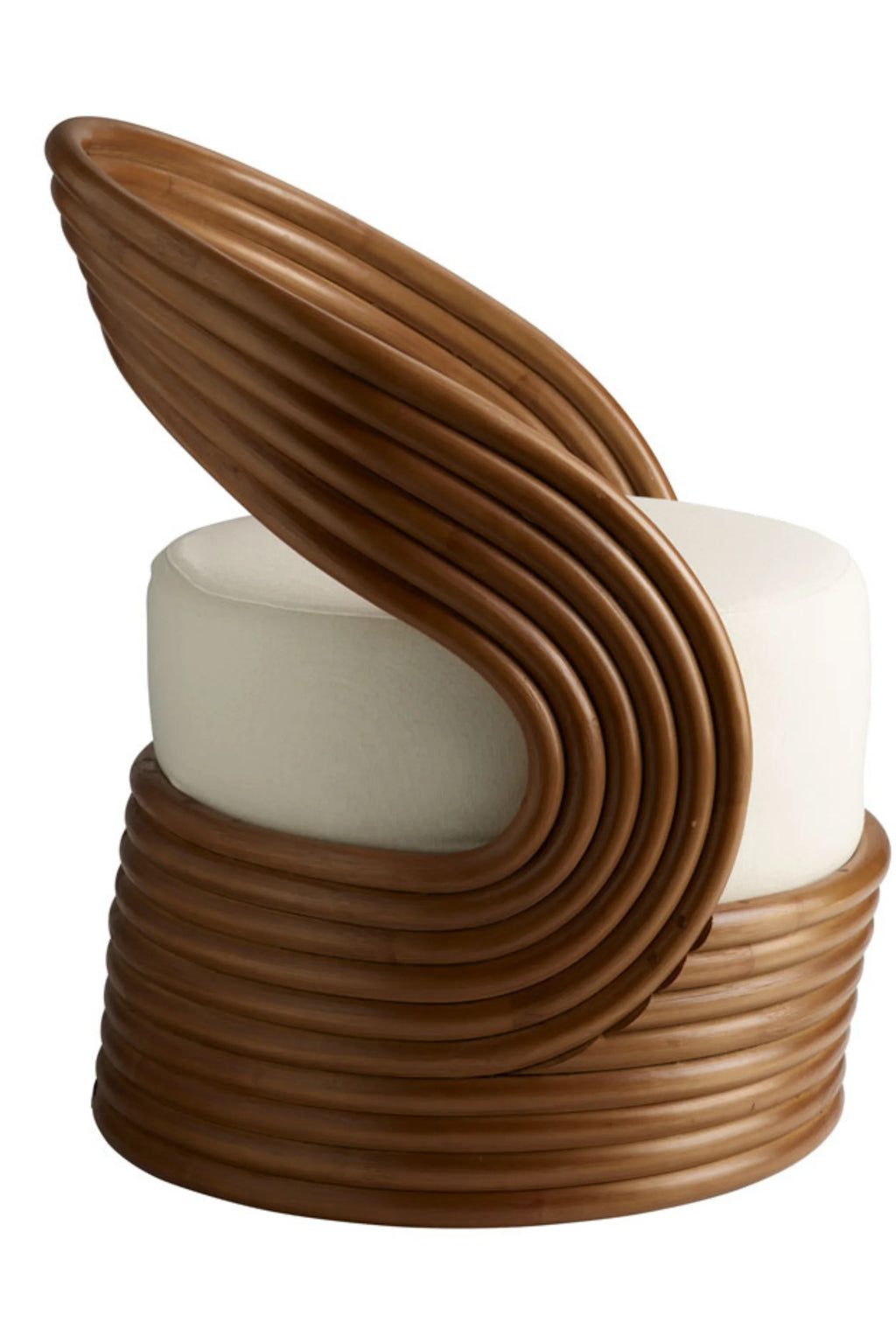 Tine K Mano Armchair, a sculptural organic modern lounge chair featuring a distinctive curved frame crafted from warm brown rattan poles that gracefully wrap around a plush, round off-white upholstered seat. This contemporary natural rattan accent chair offers a unique artistic silhouette, perfect for a chic living room, coastal bedroom, or inviting reading nook.