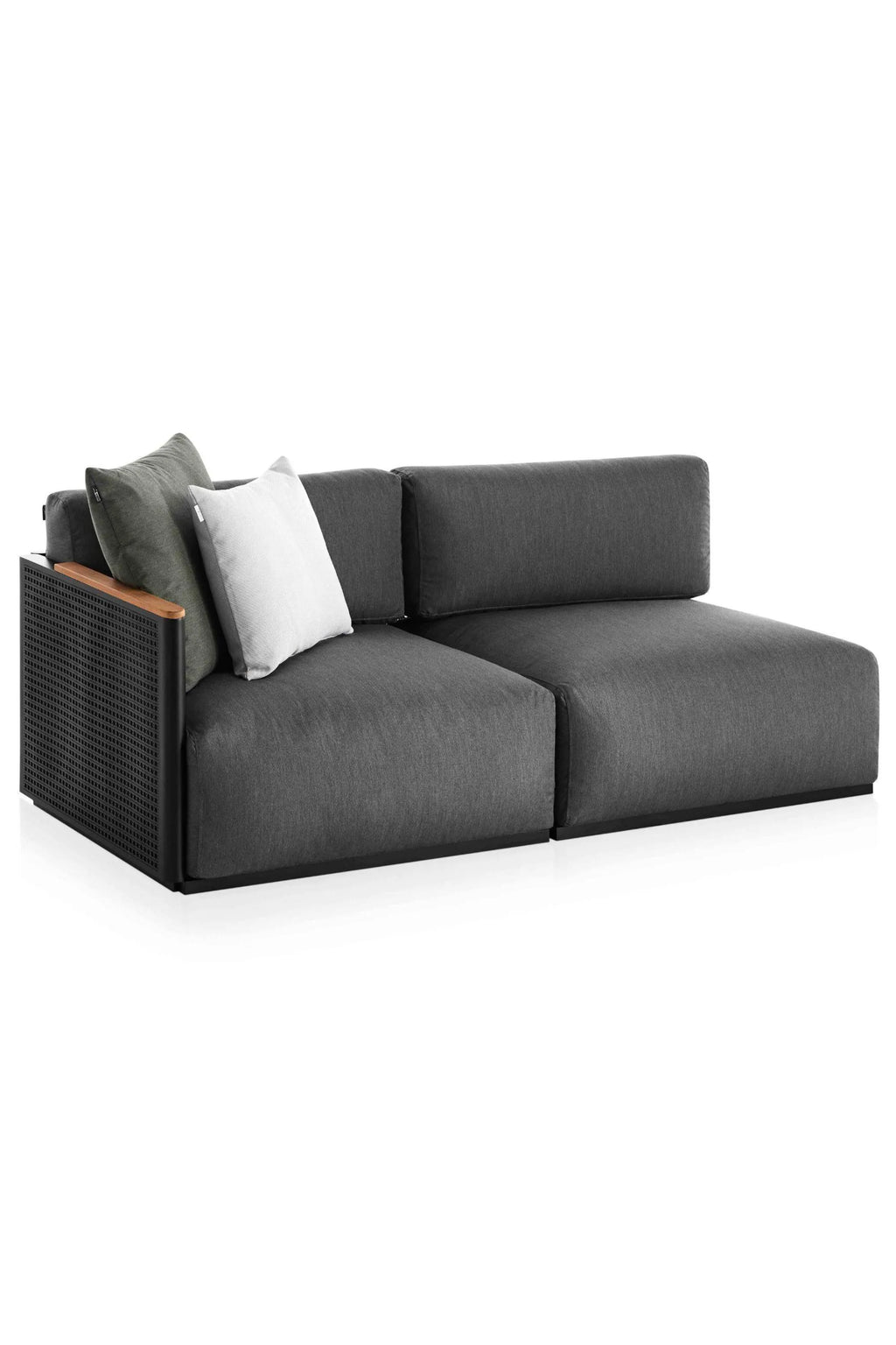 Gandia Blasco Bosc Sectional 1, a modern outdoor sofa featuring dark grey textured outdoor fabric upholstery on its plush cushions, a sleek matte black aluminum frame with a perforated side panel, and a natural teak wood armrest accent. This contemporary low-profile modular lounge is perfect for luxury outdoor living spaces, modern patios, and minimalist deck furniture arrangements.