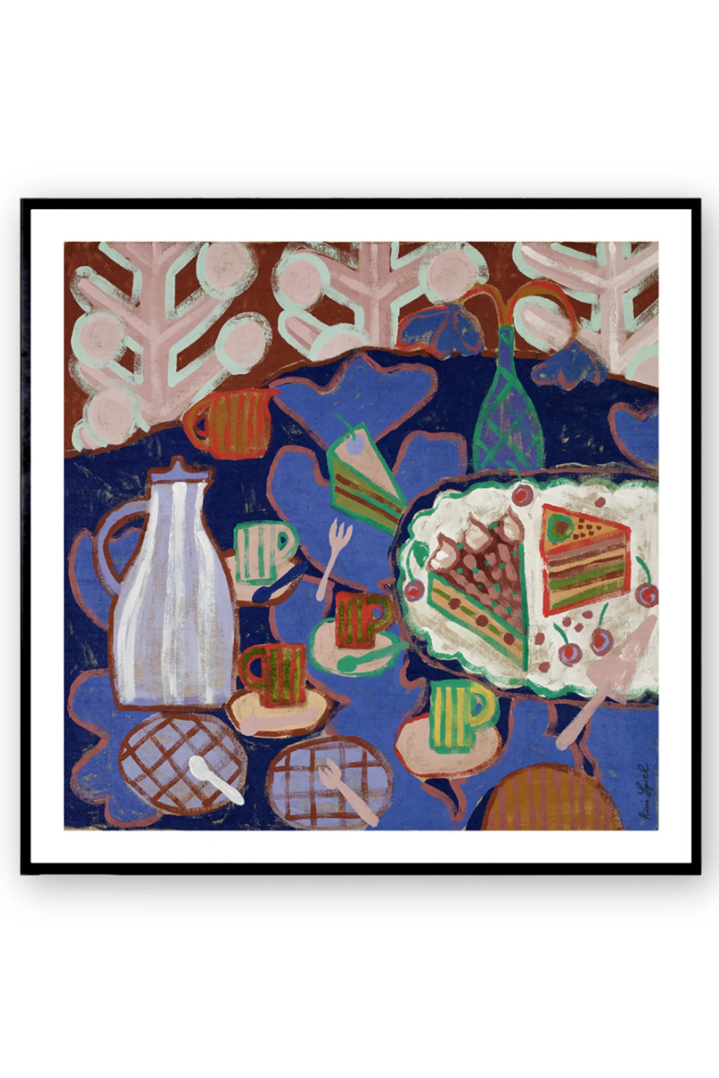 The Poster Club Cake, a vibrant abstract art print depicting a painterly still life of two cake slices, cherries, a white pitcher, and patterned coffee cups on a rich blue tablecloth, framed in a.