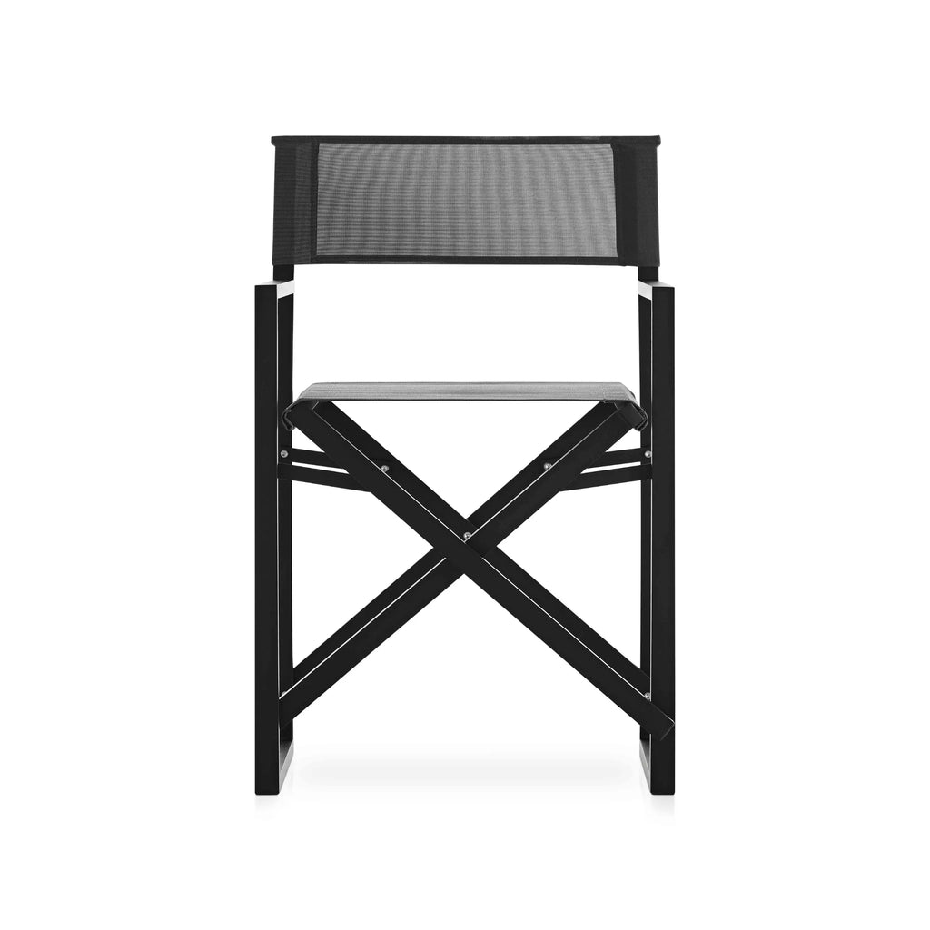 Gandia Blasco Clack! Outdoor Folding Chair, a sleek, modern minimalist outdoor folding chair featuring a robust matte black aluminum frame with a classic X-shaped silhouette. It boasts a comfortable black mesh fabric seat and backrest, offering a lightweight and breathable design. This contemporary outdoor chair is perfect for compact patio spaces, balconies, or versatile poolside seating.