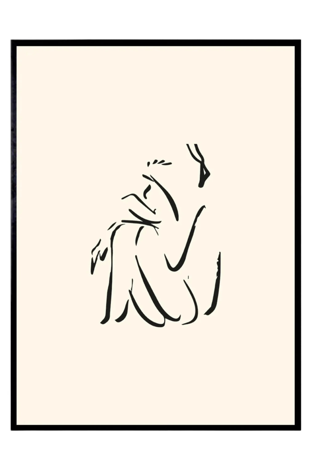 The Poster Club Calm, a minimalist abstract line art print featuring a graceful female figure rendered in bold black brushstrokes against a soft cream background, framed in a sleek matte black frame. This contemporary wall art is ideal for creating a serene focal point in a modern living room, bedroom, or gallery wall.