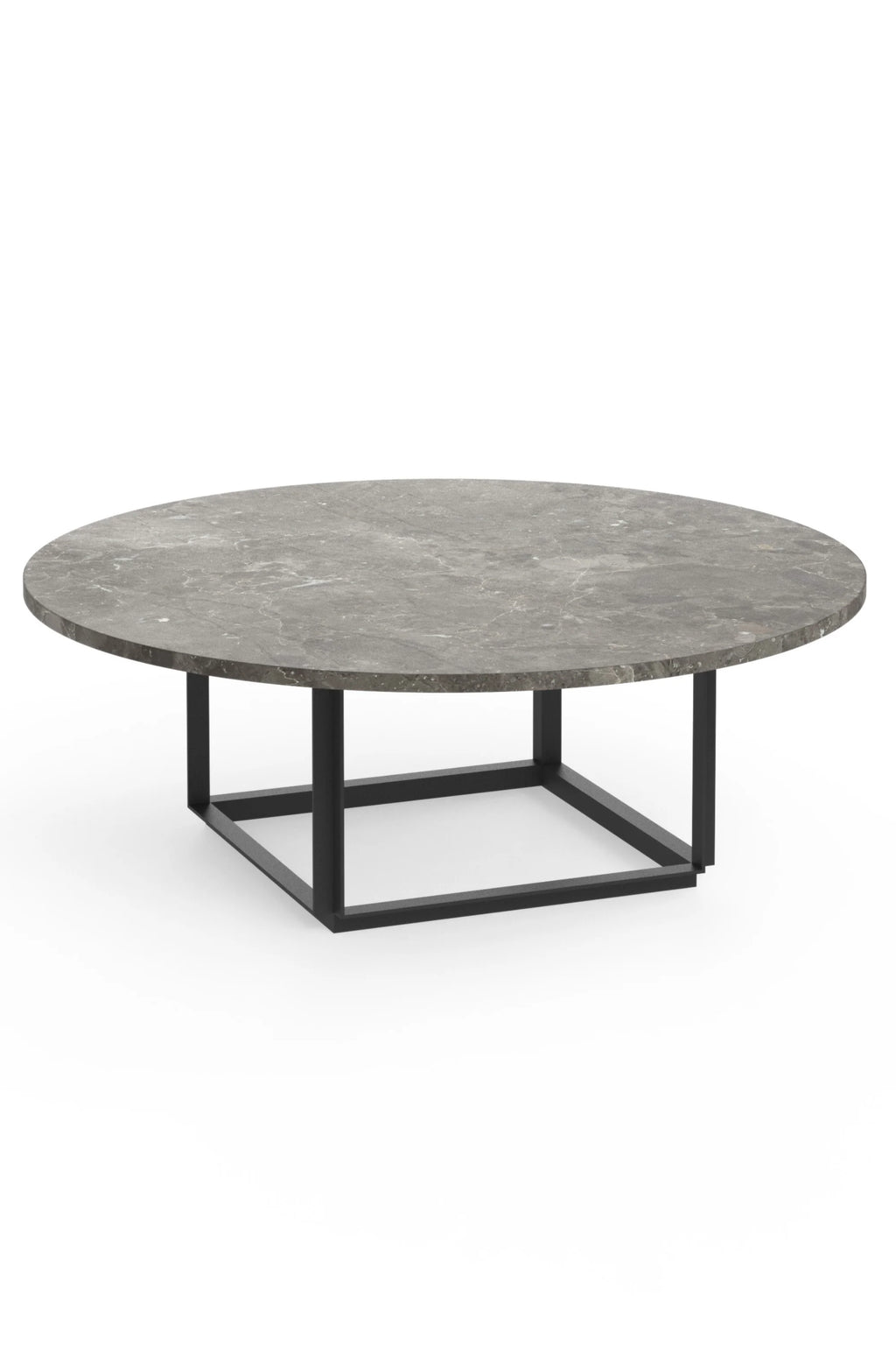 New Works Florence Coffee Table, a modern minimalist round coffee table featuring a dark grey marble top with subtle white veining, supported by a sleek matte black geometric metal base. This contemporary stone coffee table is perfect for sophisticated living rooms and industrial chic interiors.