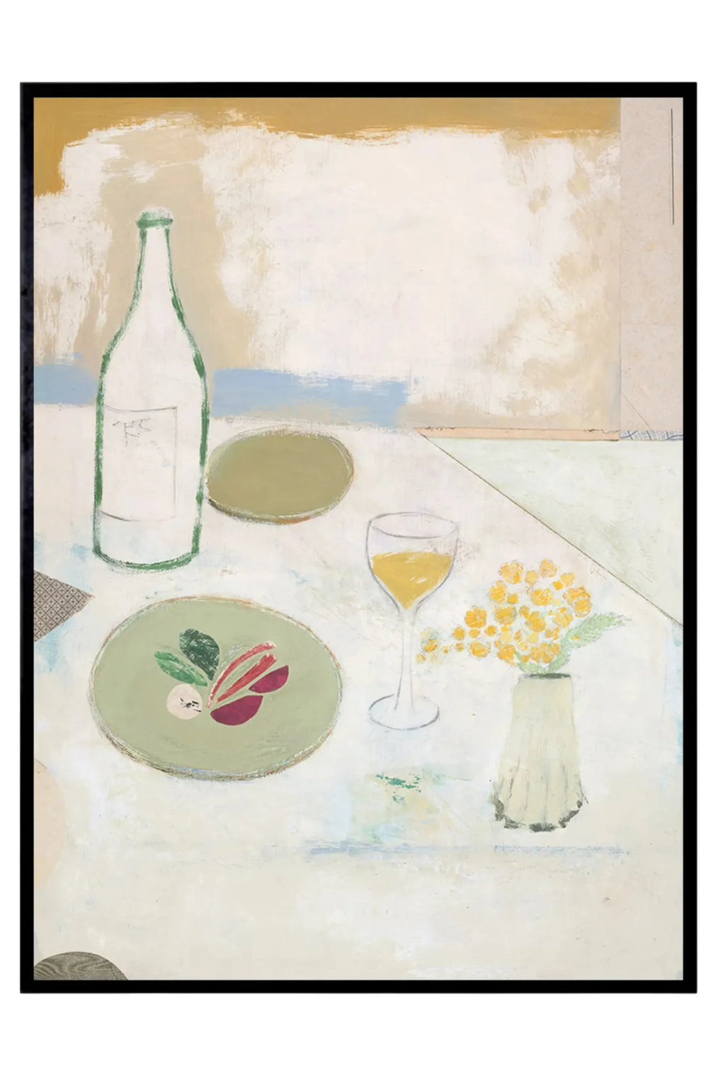 The Poster Club Fleurs Jaunes, an abstract still life art print featuring a painterly composition of a wine bottle, plate with radishes, wine glass, and mimosa flowers in a cream vase, all rendered in soft pastel tones of cream, beige, light blue, green, yellow, and deep red. This contemporary wall art, framed in a sleek black frame, is perfect for adding a minimalist yet vibrant touch to a modern dining room, kitchen, or gallery wall.