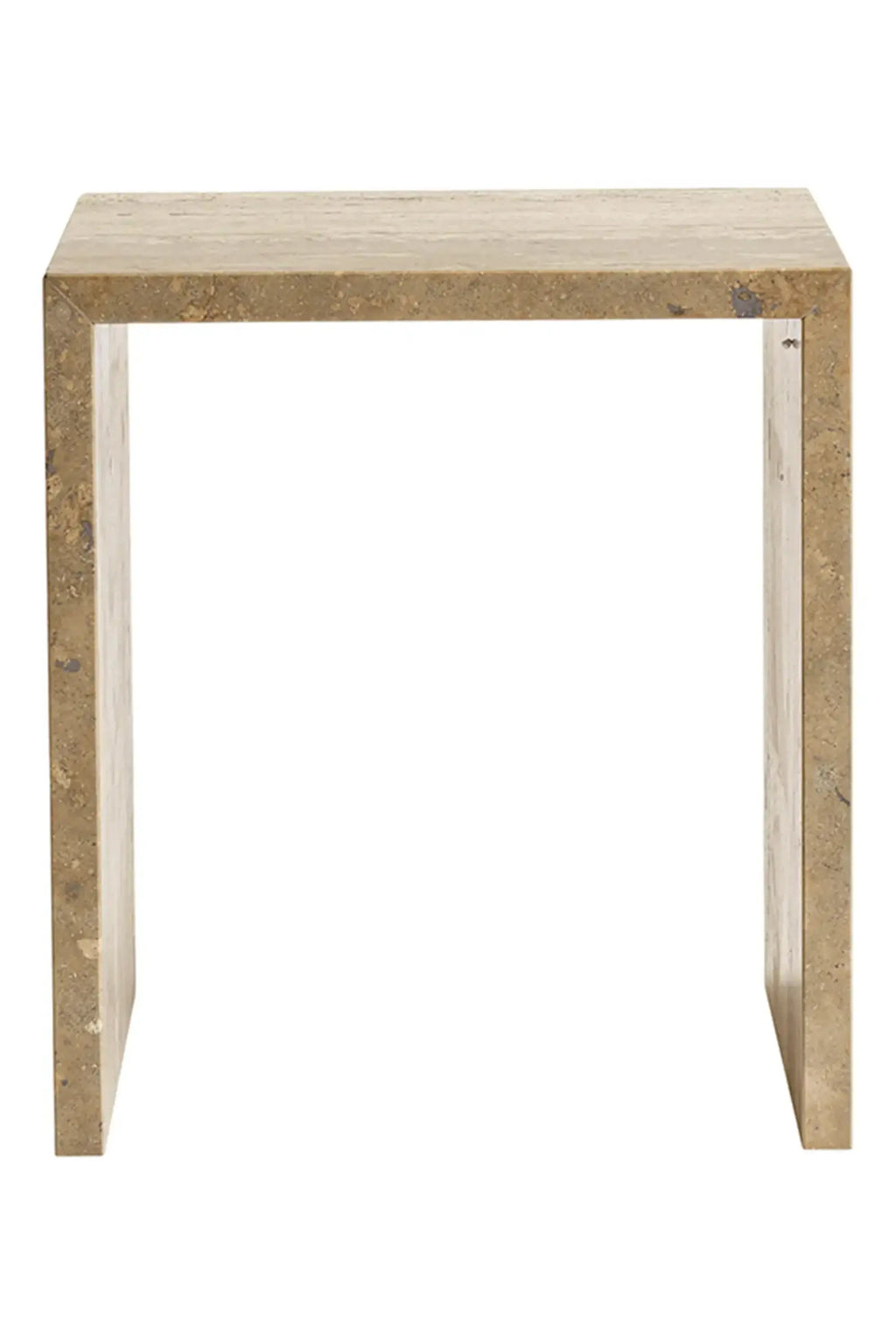 Tine K Cube Travertine Table, a modern minimalist side table crafted from solid natural travertine stone, featuring a block-like cube silhouette in earthy beige and tan tones with visible natural pores and organic variations. This contemporary brutalist-inspired piece makes an ideal accent table for living rooms, a chic bedside table, or an elegant entryway console.