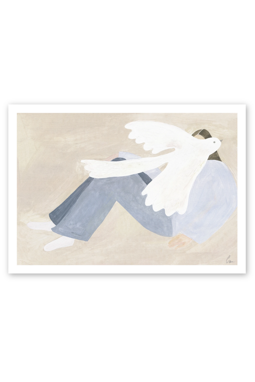 The Poster Club Bright Bird, a calming abstract art print featuring a person in muted blue clothing cradling a large white dove, set against a warm beige background with visible brushstrokes. This minimalist figurative poster uses soft, organic shapes and a tranquil color palette of light blue, cream, and beige. Ideal as contemporary wall art for a peaceful bedroom, living room, or nursery decor, bringing a sense of calm to any space.