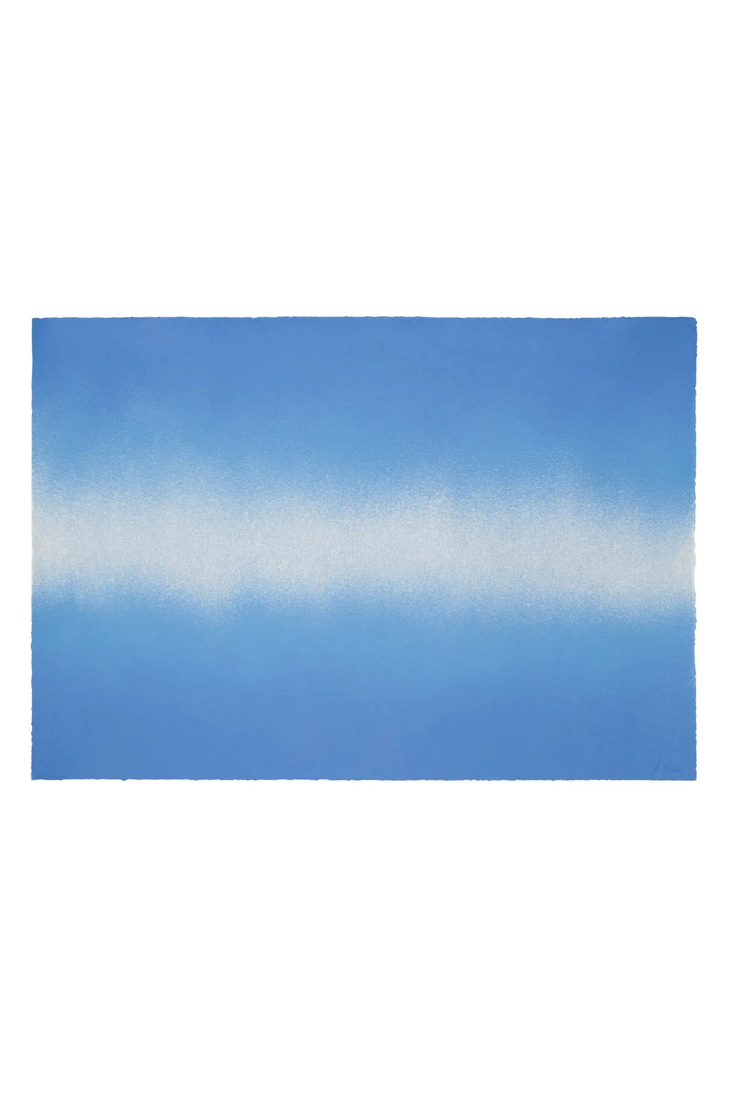 The Poster Club Blue Interstellar, an abstract art print showcasing a hazy white spray-painted band across a deep blue background with a subtle gradient, creating a tranquil, minimalist aesthetic.