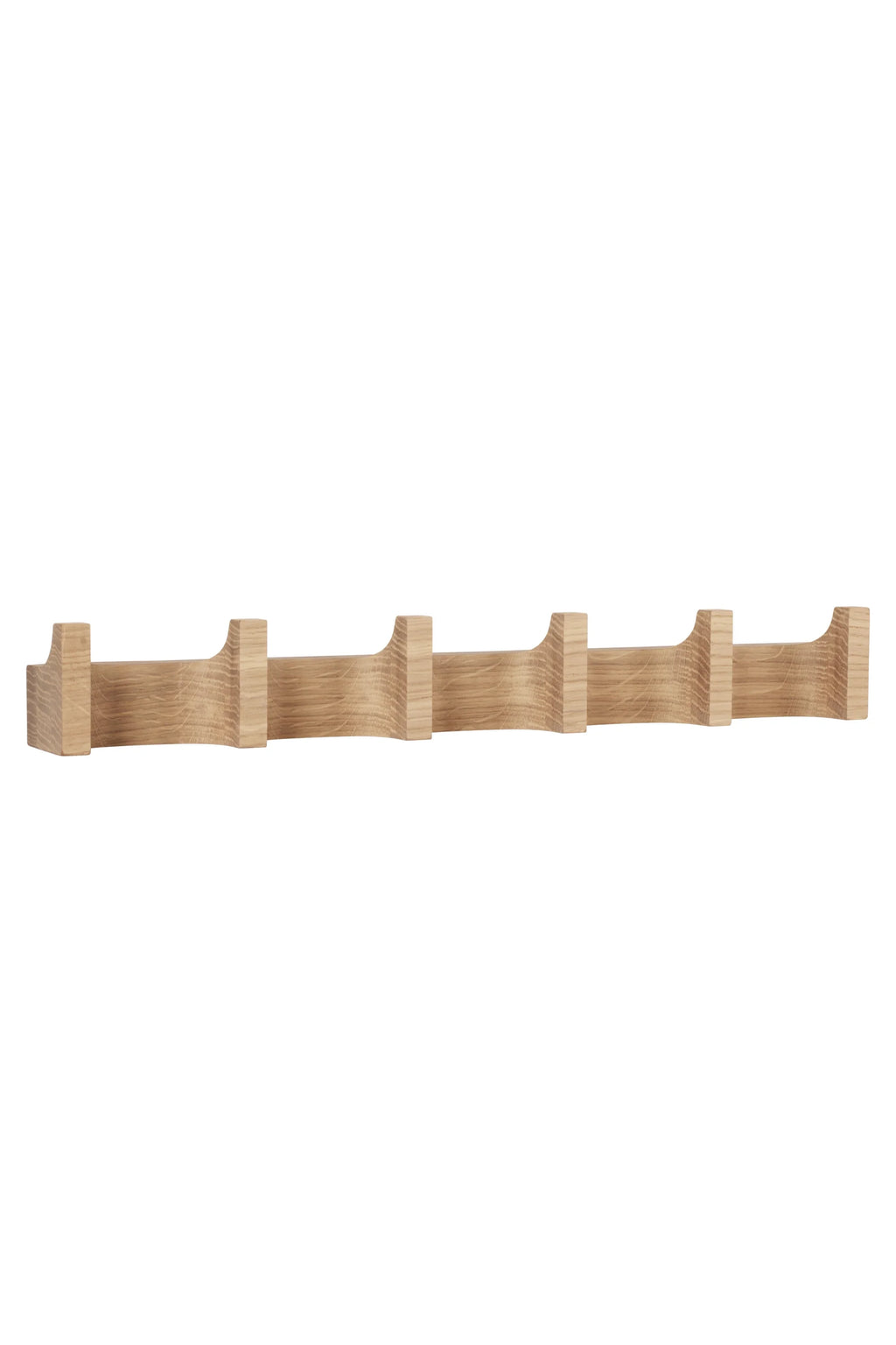 Kristina Dam Long Column Coat Rack, a modern minimalist wall hanger crafted from natural light solid oak wood, featuring a sleek horizontal design with five integrated, organically shaped column hooks. This Scandinavian-inspired wooden coat rack is perfect for a stylish entryway, hallway, or bedroom accent.