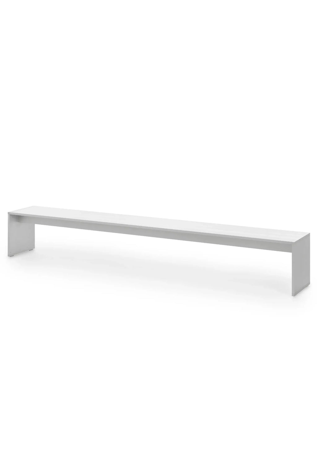 Gandia Blasco GBmodular Bench, a long modern minimalist outdoor bench crafted from sleek matte grey metal with a clean, rectilinear profile and integrated supports. This contemporary aluminum bench offers a sophisticated, industrial chic seating solution. Ideal for modern garden designs, spacious patios, or as minimalist outdoor furniture for commercial spaces.