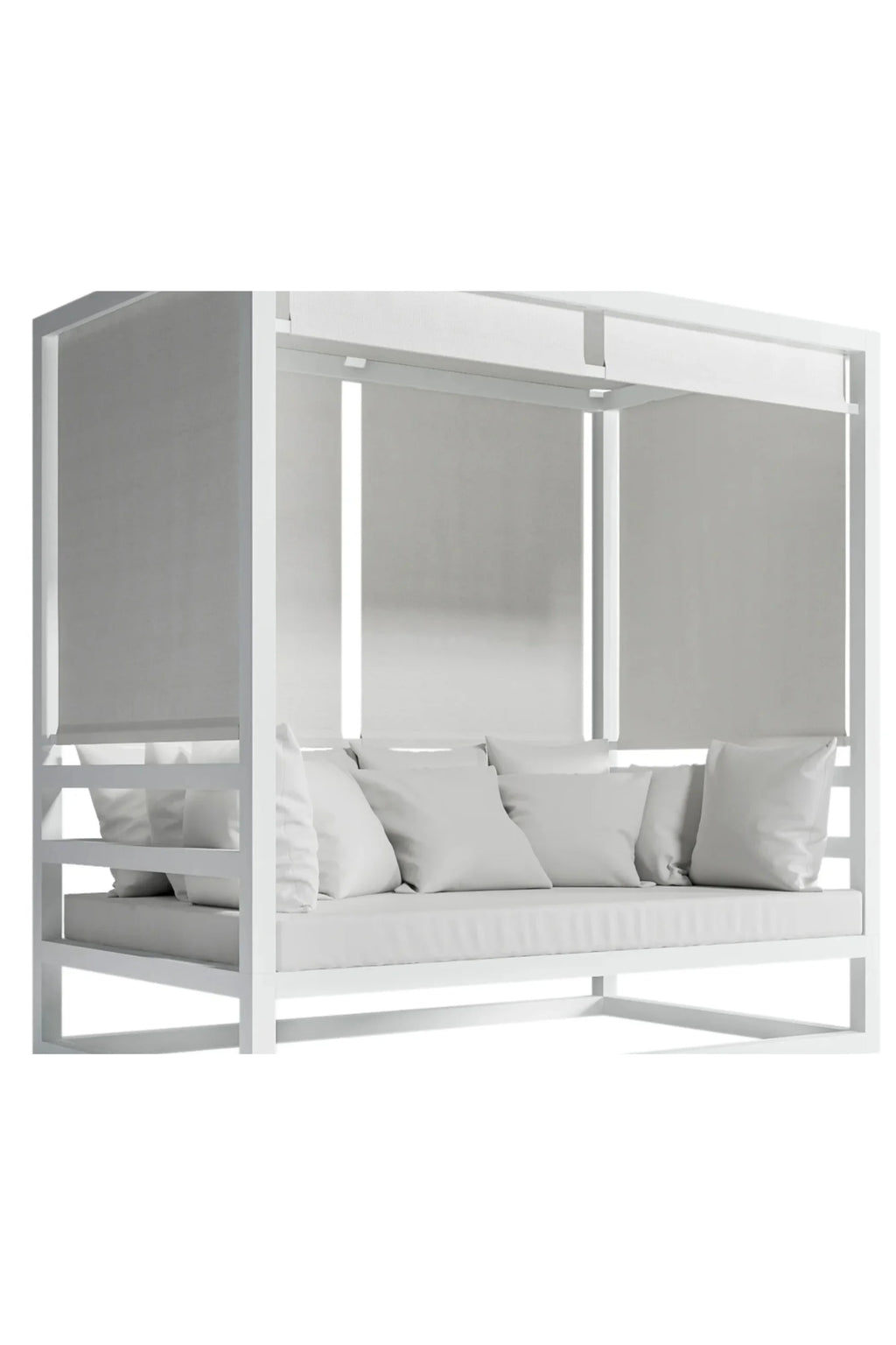 Gandia Blasco Tres Al Fresco Outdoor Sofa, a sleek modern minimalist outdoor daybed featuring a crisp white powder-coated aluminum frame and plush white upholstered outdoor cushions. This contemporary outdoor sofa includes retractable light grey fabric screens for shade and privacy, making it perfect for luxury patio furniture, garden lounging, or creating a stylish outdoor living room.