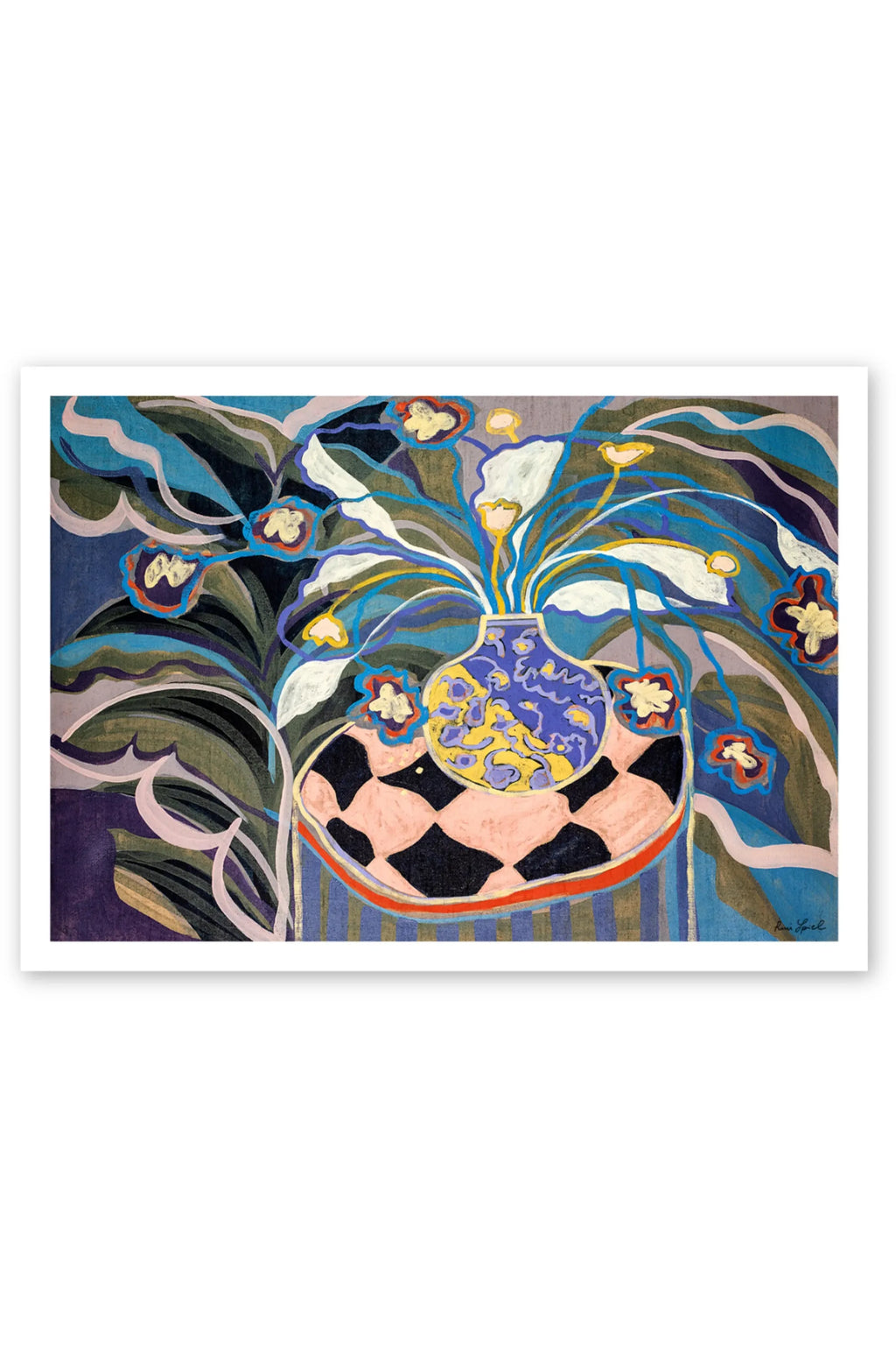 The Poster Club Giorgia, a vibrant abstract floral art print featuring a bold expressionist style with stylized flowers and foliage rendered in a dynamic color palette of deep blues, greens, purples, and.