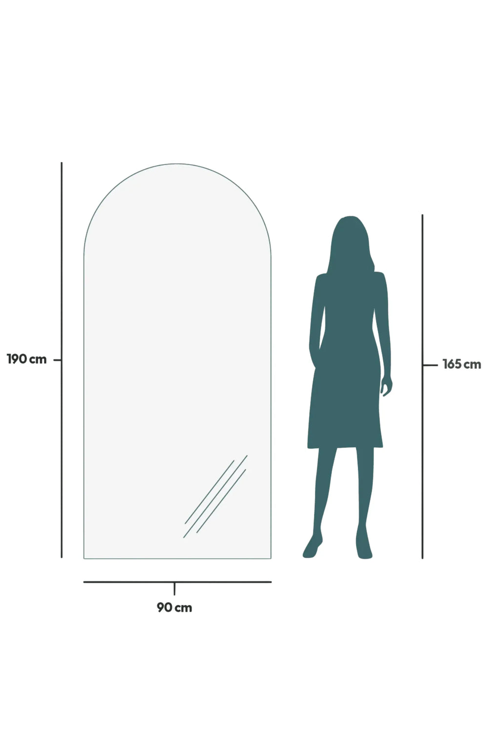 TCL Studios Arc Full Length Mirror, a large arched full-length mirror measuring 190 cm tall by 90 cm wide, featuring a clean, minimalist frameless design with a clear.