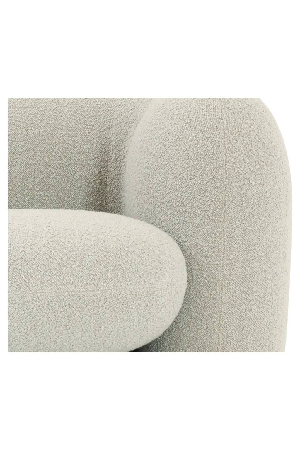 Hessentia Gio Sofa, a contemporary organic modern sofa upholstered in a light grey bouclé fabric, featuring a plush, textured surface and a distinctive curved, sculptural silhouette with rounded armrests. This inviting design offers cozy comfort and a sophisticated aesthetic, perfect for modern living rooms or minimalist lounge spaces.