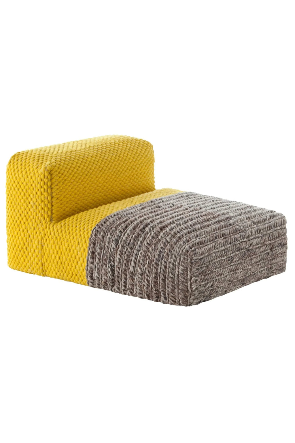 GAN Rugs Mangas Space Plait Lounge, a contemporary modular chaise lounge featuring a unique chunky knit wool upholstery in vibrant yellow and heathered grey.