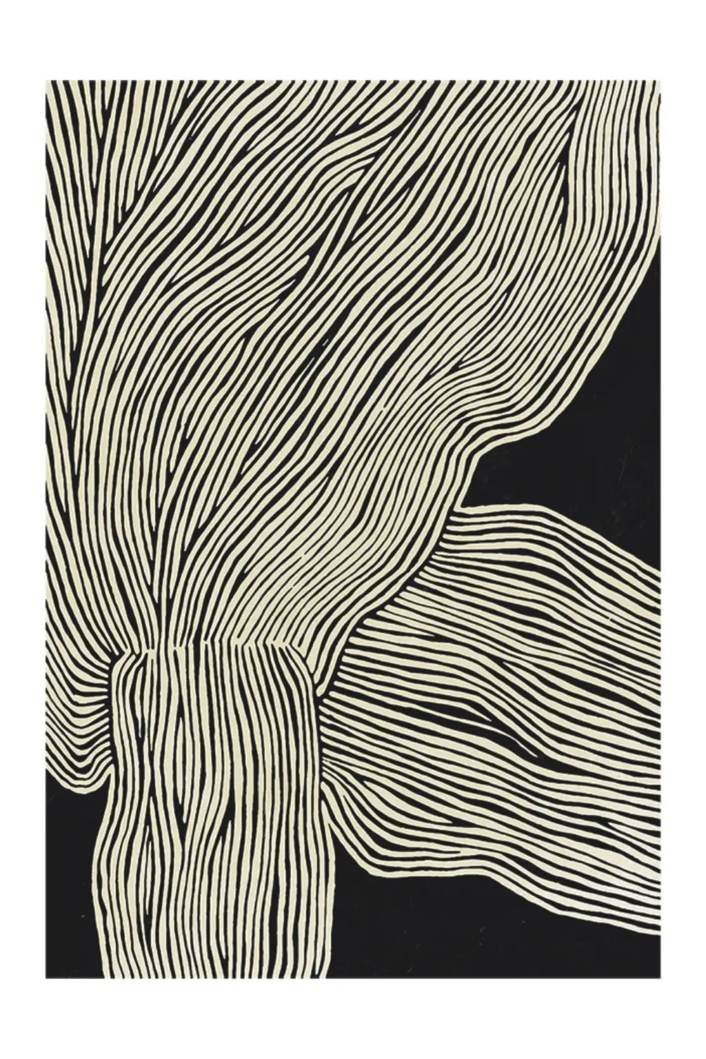The Poster Club The Line No 13, a striking black and cream abstract art print featuring dense, flowing organic lines that create a dynamic, hand-drawn graphic pattern against a deep black background. This minimalist wall art piece offers a contemporary and sophisticated aesthetic. Perfect for modern living rooms, Scandinavian bedrooms, or as a focal point in an organic modern gallery wall.