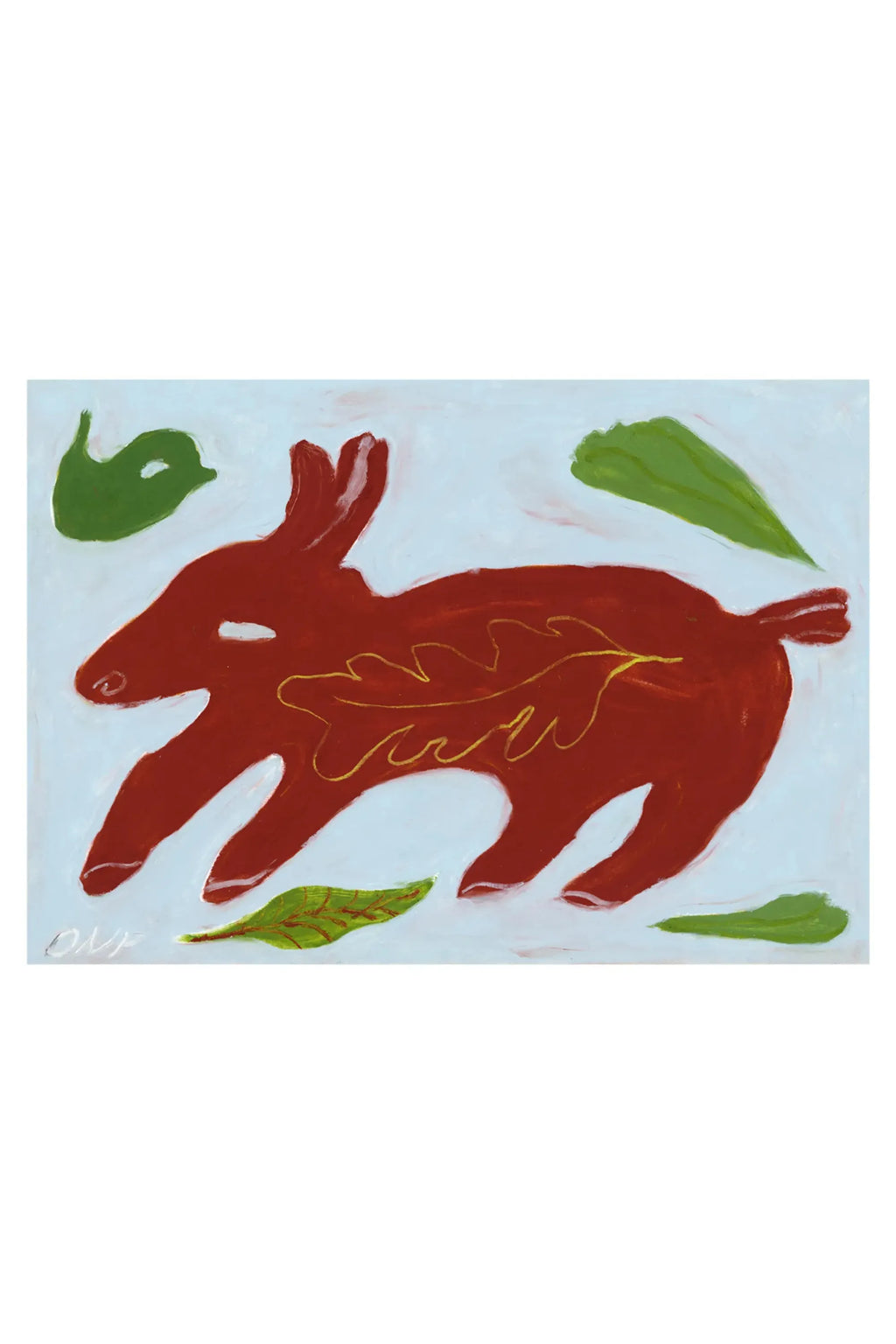 The Poster Club Red Animal and Little Bird, a contemporary folk art print showcasing a bold, abstract red animal with golden oak leaf details, set against a soft light blue background with organic green leaf shapes. This naive style poster features visible brushstrokes, adding a painterly texture. Ideal as organic modern wall art for a living room, bedroom, or playful nursery decor.