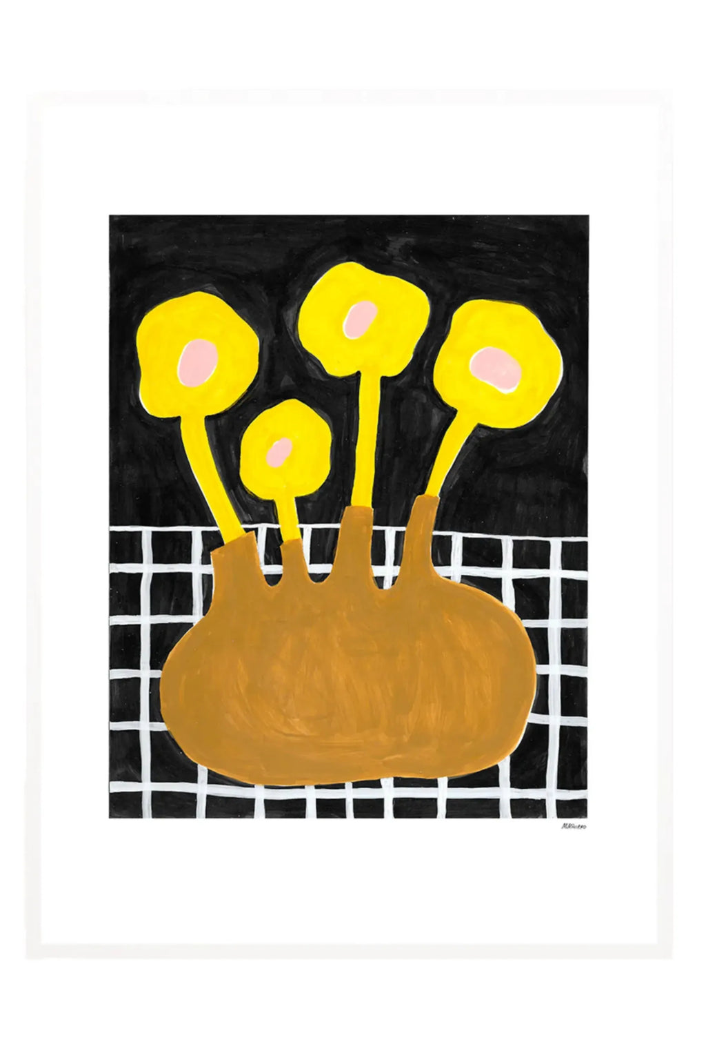 The Poster Club Flowers In Brown Vase, a vibrant abstract art print featuring a playful floral design with four mustard yellow flowers and light pink centers emerging from a warm brown bulbous vase. Set against a textured black background with a graphic white grid pattern, this contemporary wall art offers a modern minimalist aesthetic. Perfect for adding a touch of color to living rooms, bedrooms, or gallery walls.