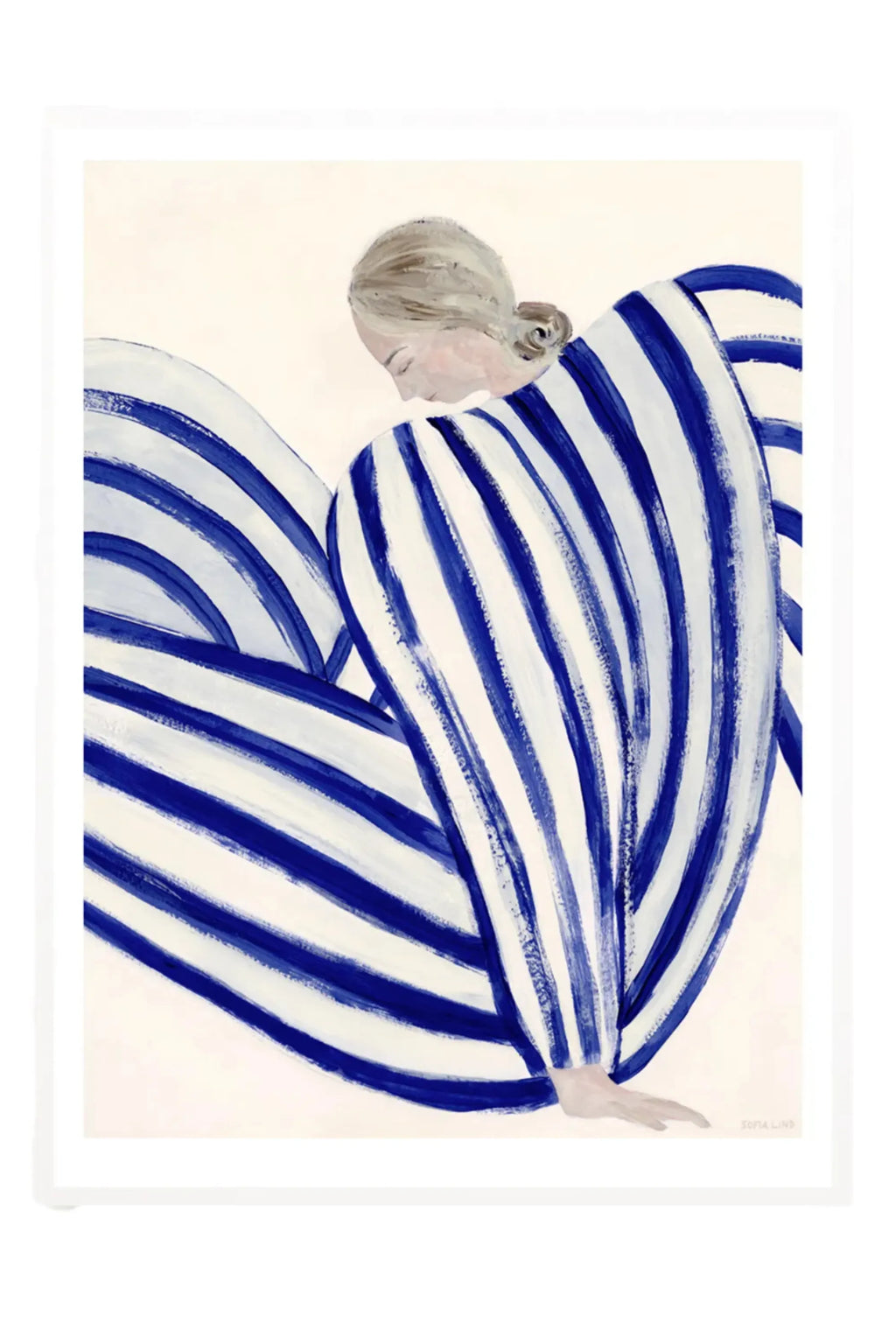 The Poster Club Blue Stripe At Concorde, a contemporary figurative abstract art print depicting a seated figure composed of bold, hand-painted royal blue and off-white stripes, set against a soft cream background with visible brushstroke texture.