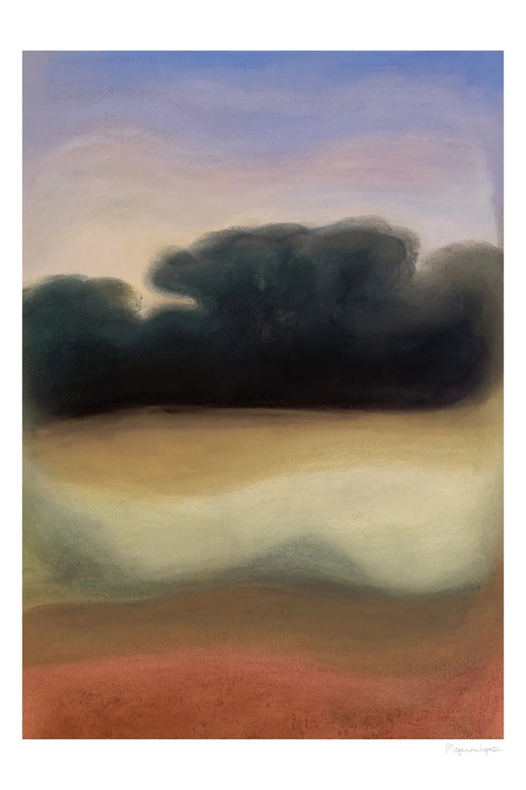 The Poster Club Landshape Tribute 02, an atmospheric abstract landscape art print featuring a soft gradient of muted sky blue and lavender, transitioning into a dark, textured cloud-like form over a golden brown and rusty orange foreground. This contemporary wall art piece has a painterly, blurred effect with subtle textural details, evoking a serene and organic modern aesthetic. Ideal for adding a calming, earthy touch to minimalist living rooms, Scandinavian bedrooms, or japandi-inspired spaces.